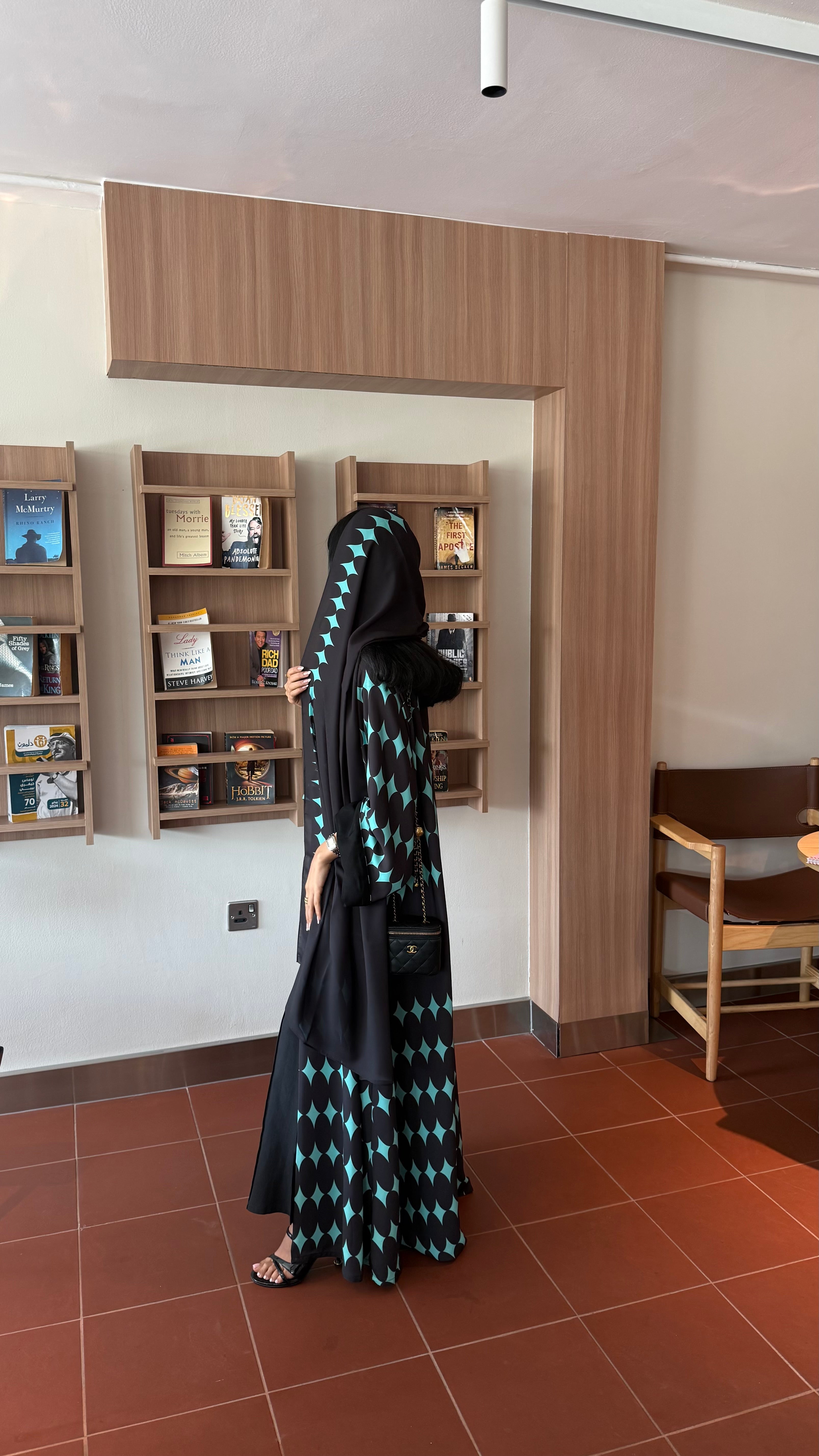 FAB333-Turquoise & Black Diamond Print Straight-Cut Abaya with Matching Headscarf