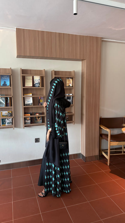 FAB333-Turquoise & Black Diamond Print Straight-Cut Abaya with Matching Headscarf