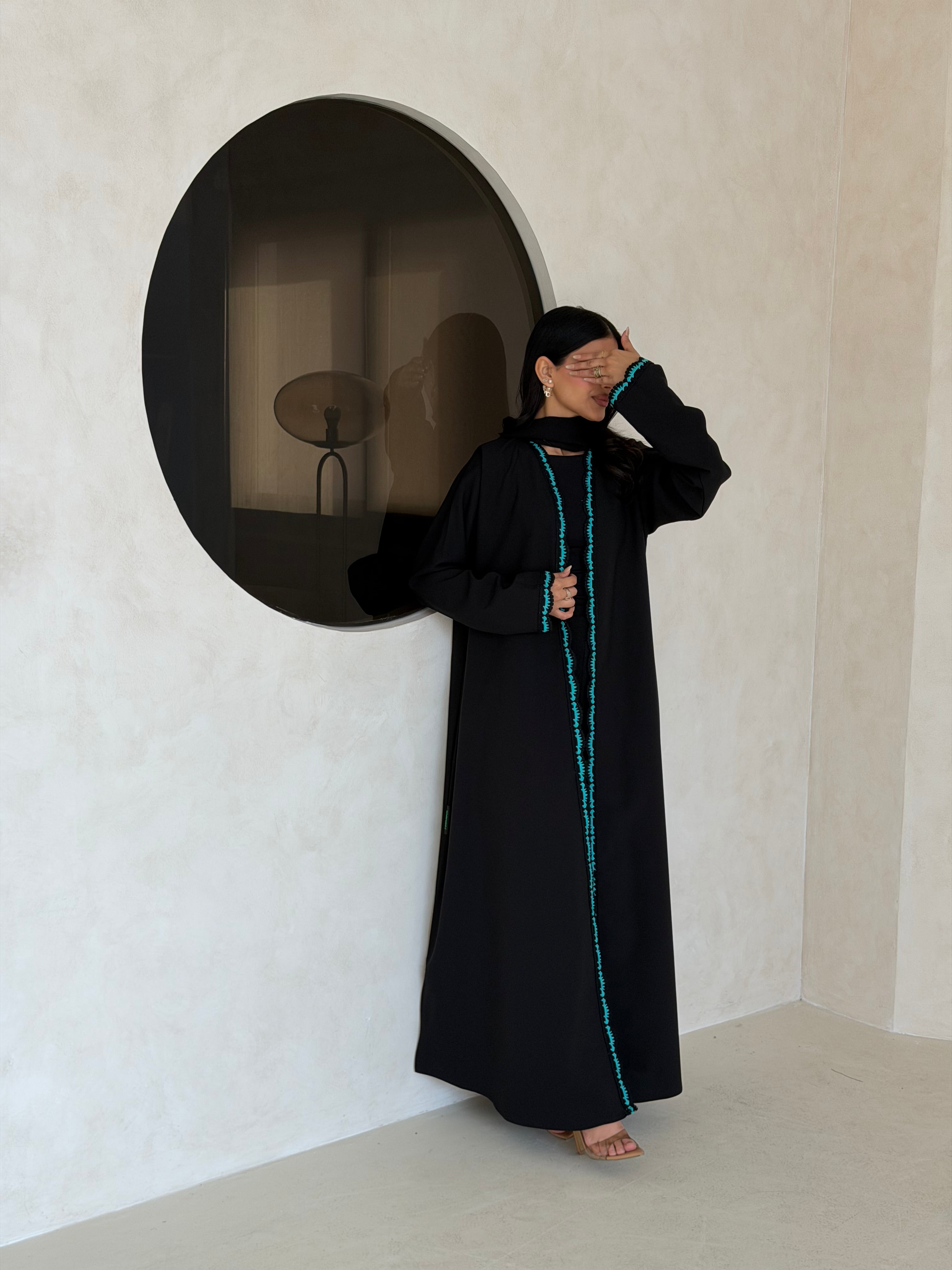 FAB347- Tiffany Crochet Black Crepe Klosh-Cut Abaya with Headscarf