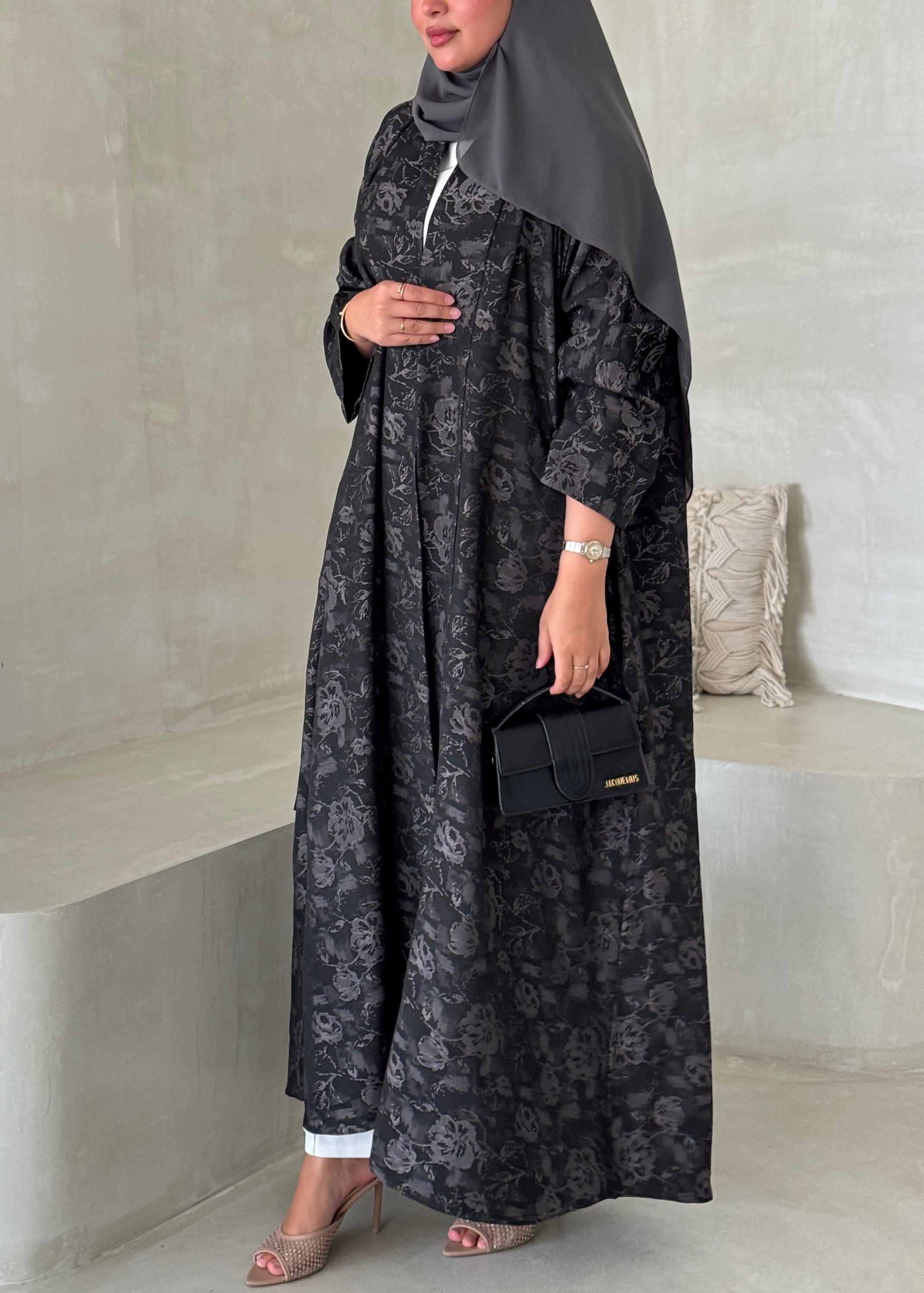 FAB191- Grey Double-face Crepe Abaya with headscarf
