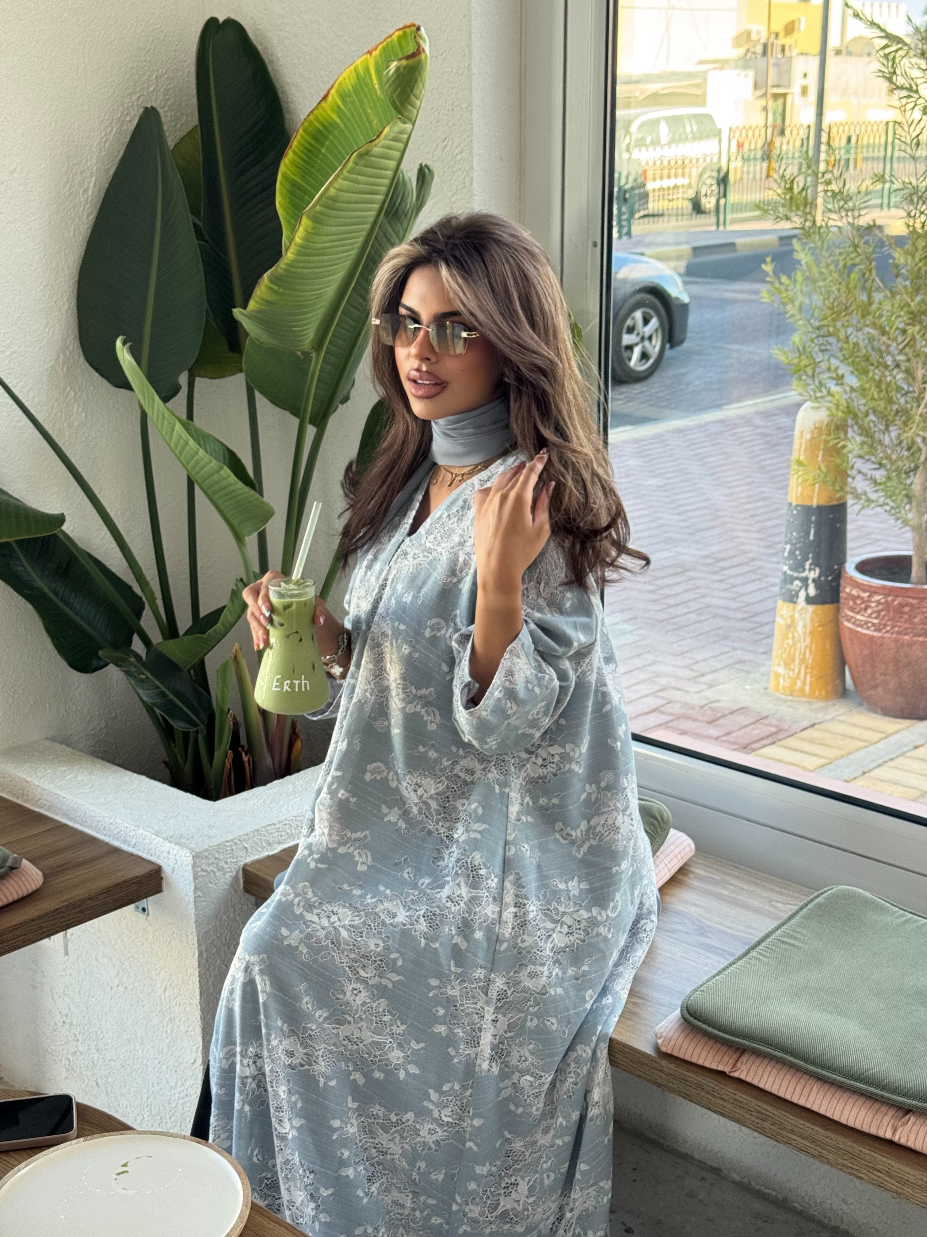 FAB301- White and Blue Lace and Linen Summer A-Cut Abaya