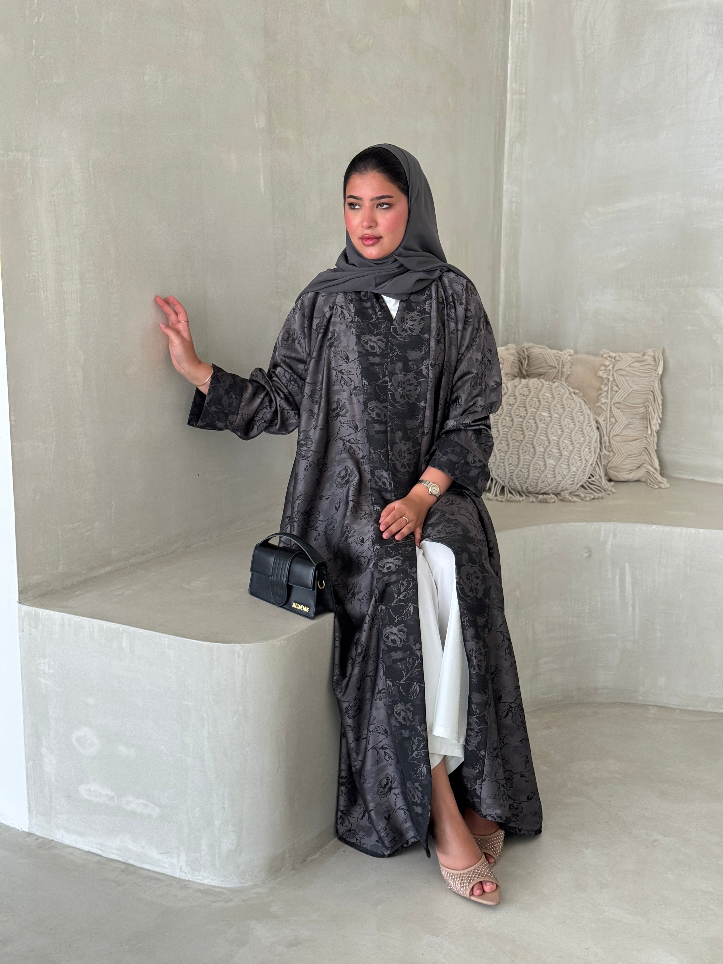 FAB191- Grey Double-face Crepe Abaya with headscarf