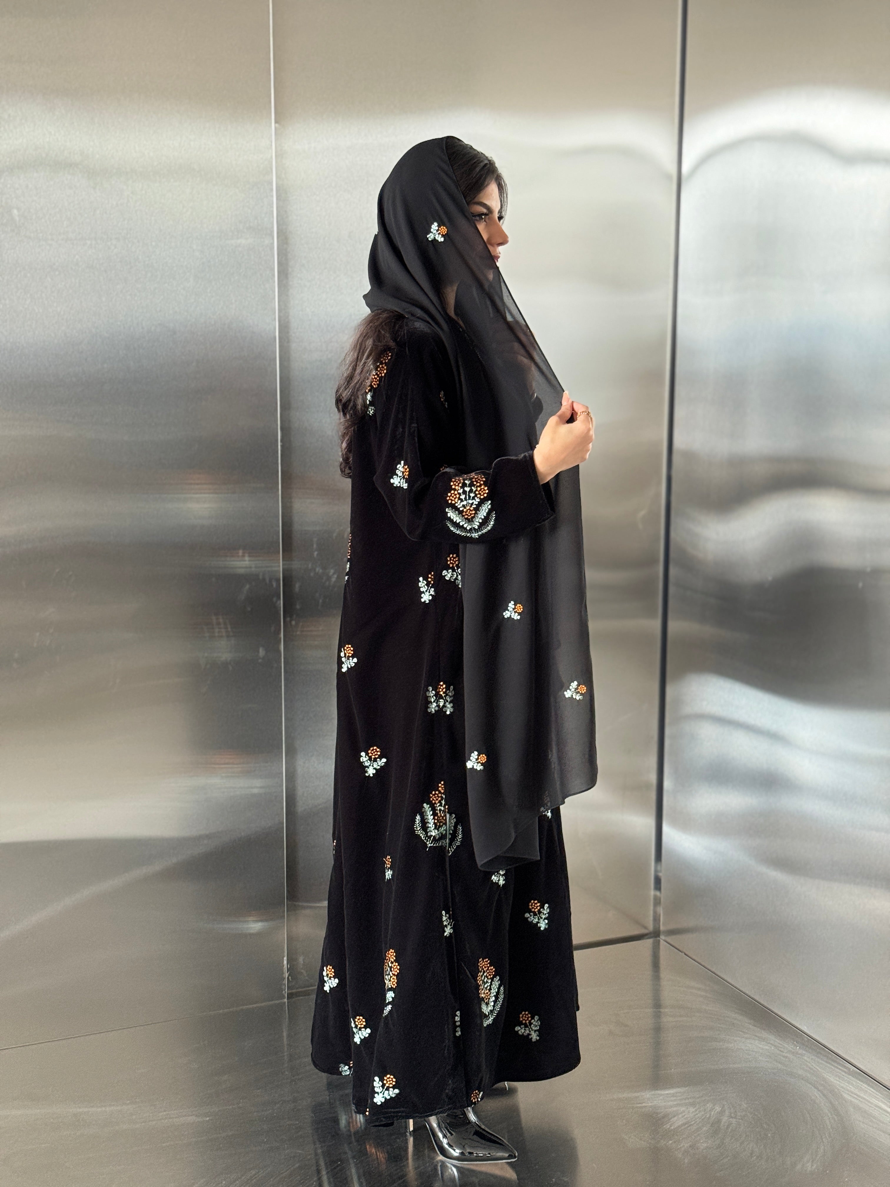 FAB247- Black Velvet with Orange Embroidery A-Cut Abaya Set