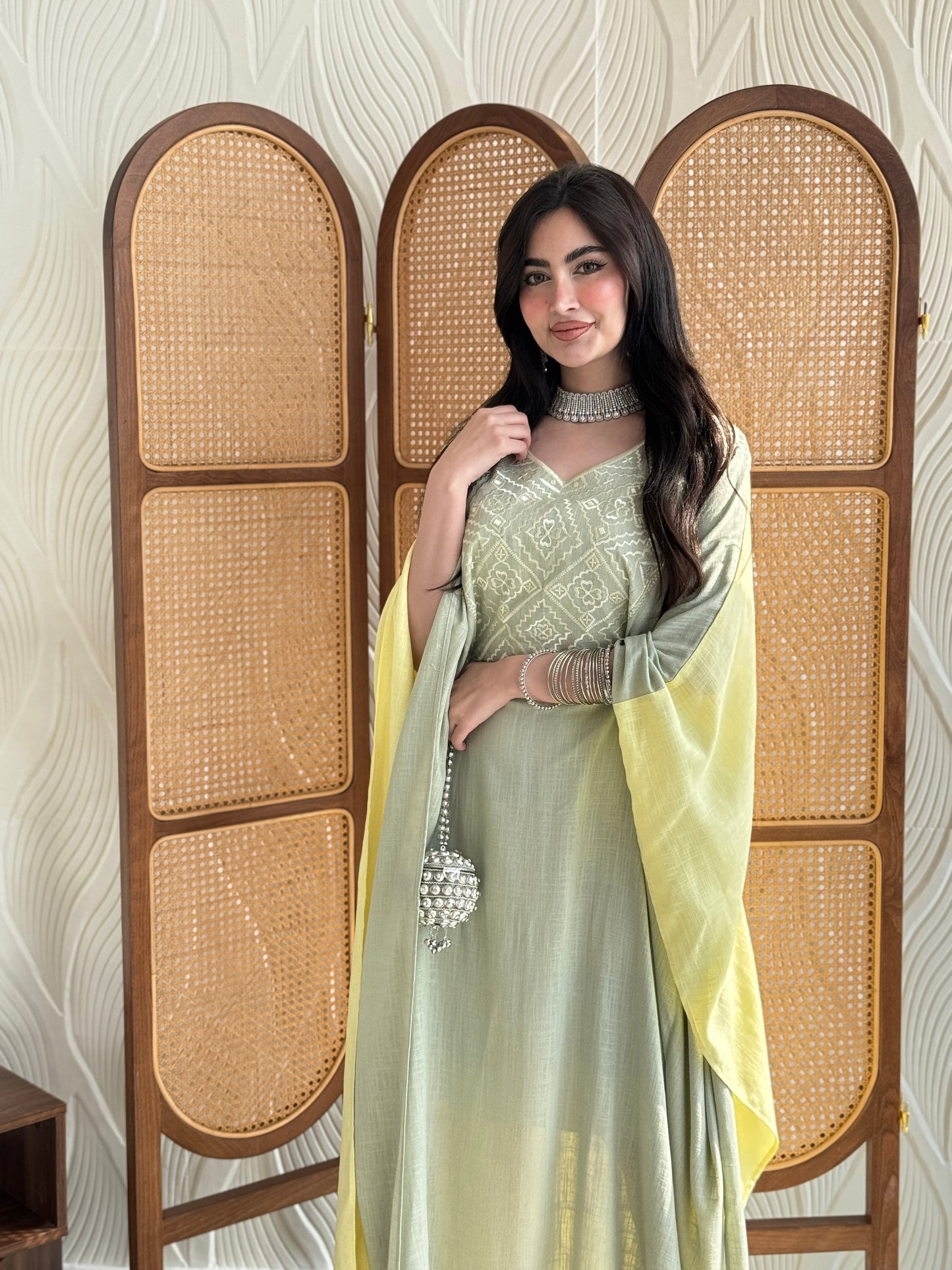 FAB254- Light Green and Yellow Two-sided embroidered Linen butterfly cut jalabiya