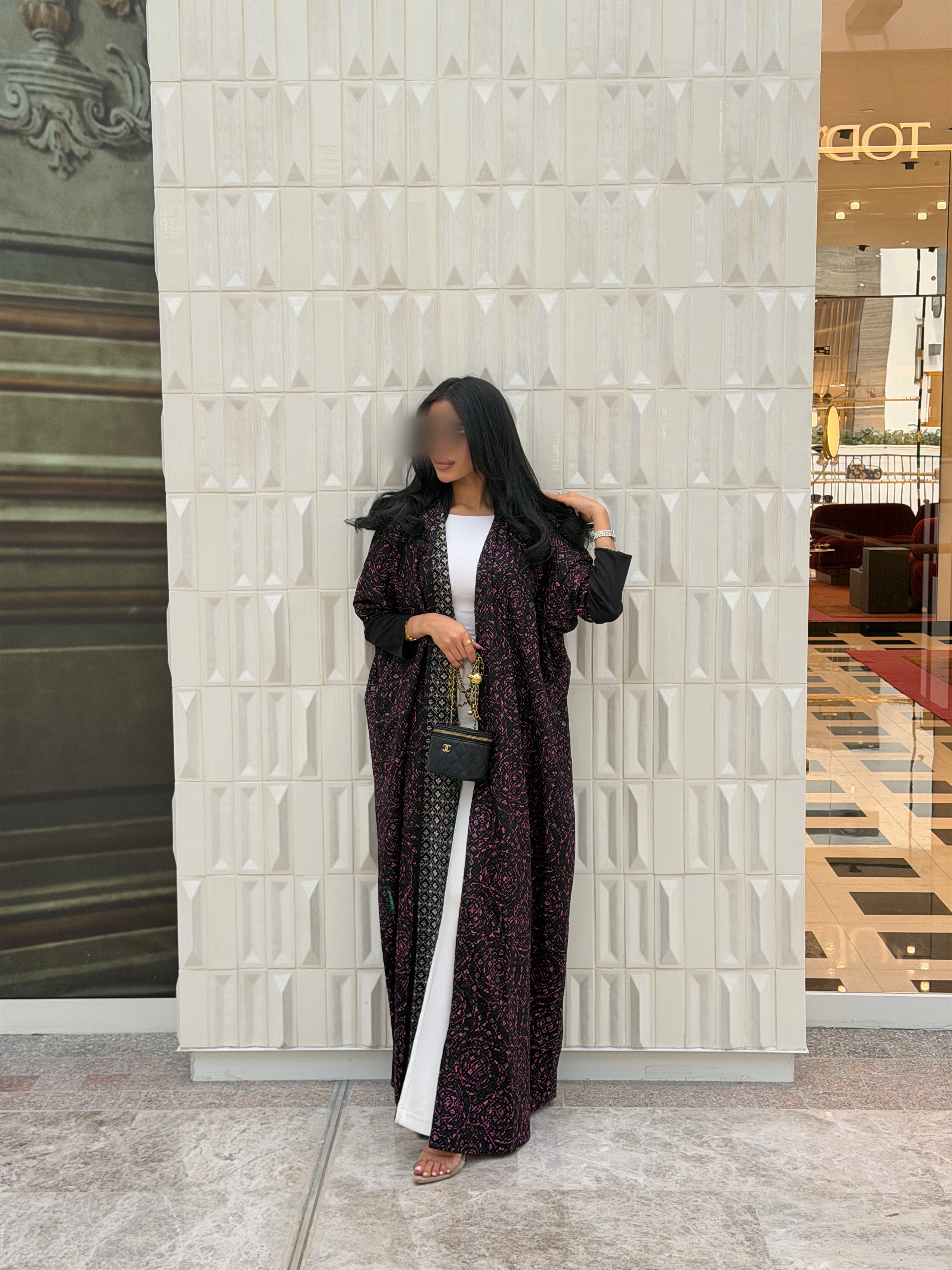 FAB339-Black Pink Embroidery Half-Bisht Cut Abaya with Fitted Black Stretch Sleeves
and matching headscarf