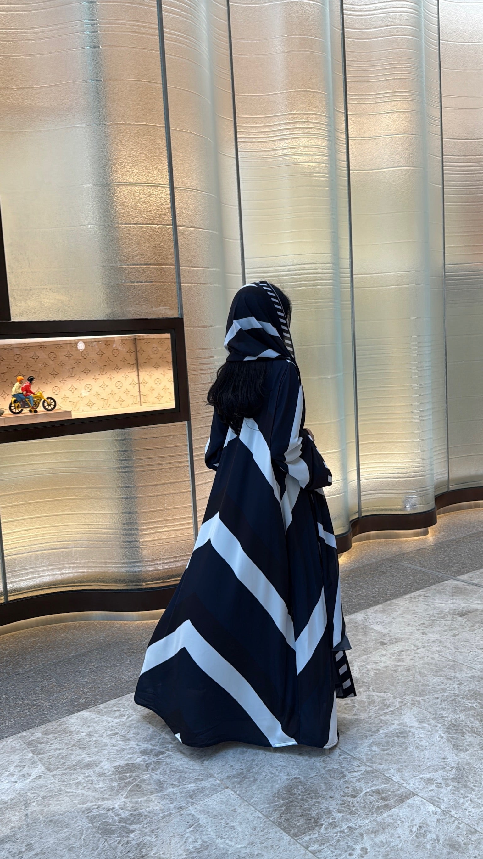 FAB303- Blue & Black Print Chiffon Silk A-Cut Abaya Set