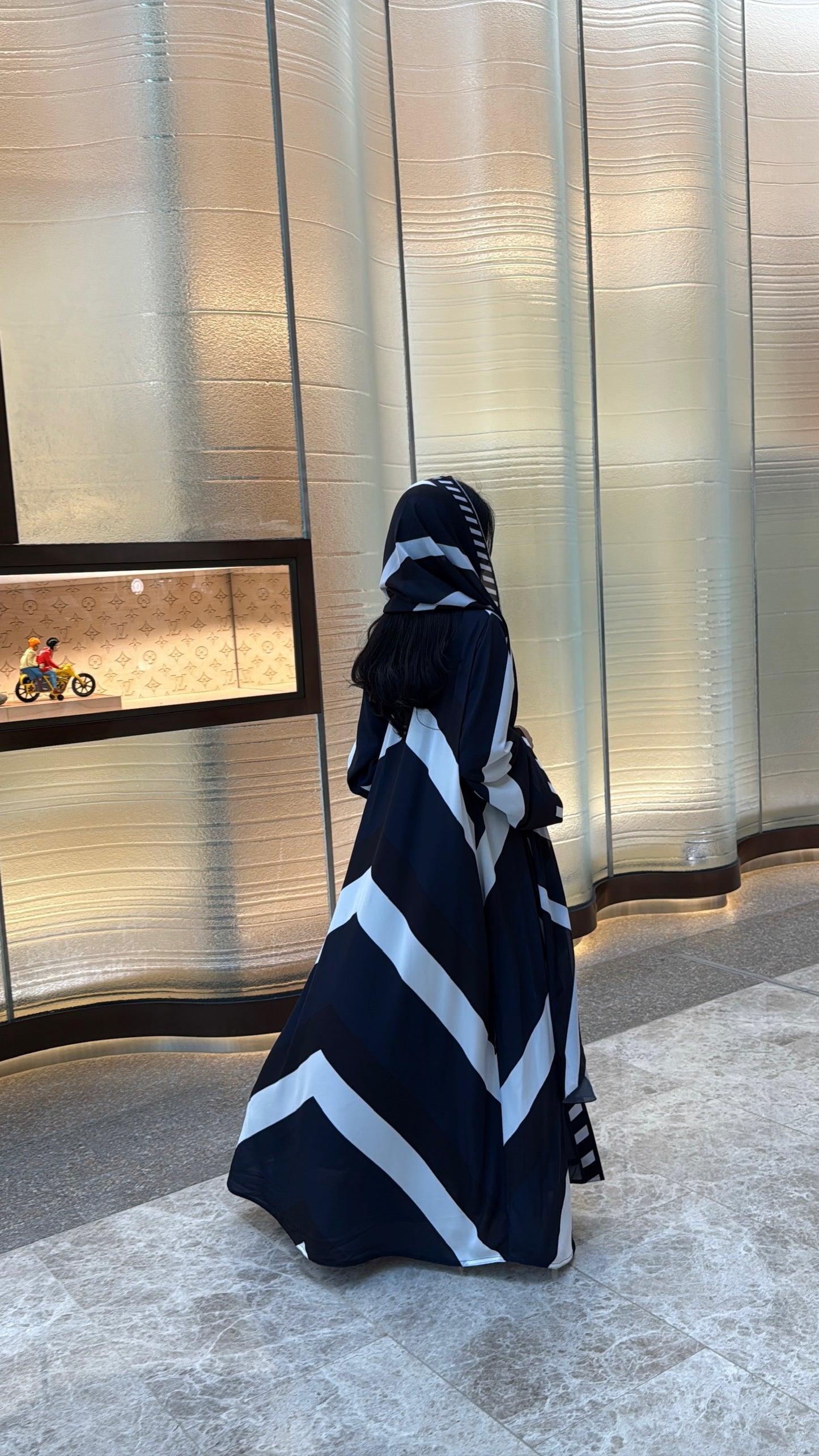FAB303- Blue & Black Print Chiffon Silk A-Cut Abaya Set