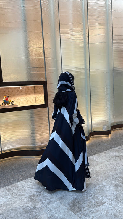 FAB303- Blue & Black Print Chiffon Silk A-Cut Abaya Set