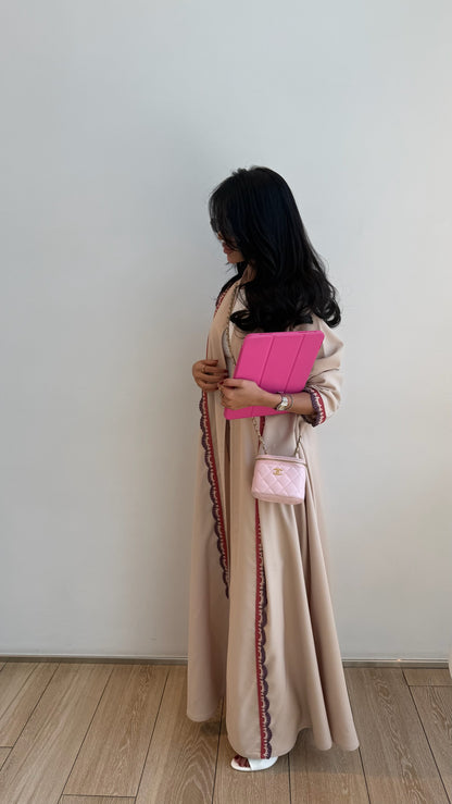 FAB325- Beige Pink Crochet Crepe A-Cut Abaya with matching headscarf