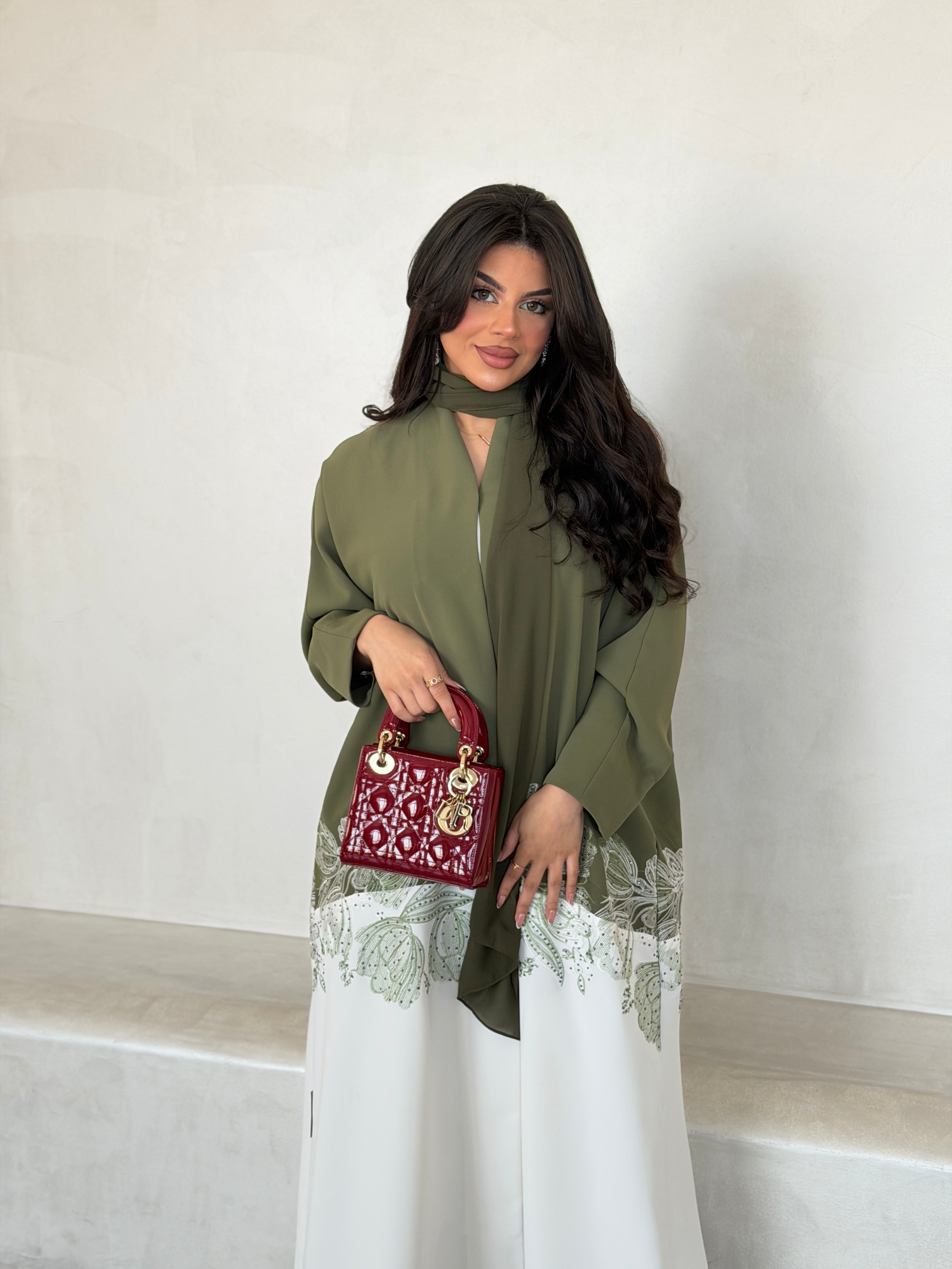 FAB294- Light Green & White Crepe Crystal Embroidered Abaya