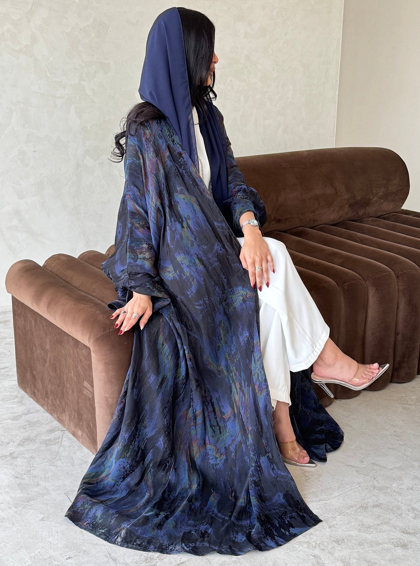 FAB156- Blue Swirl Marble Jacquard A-Cut Abaya