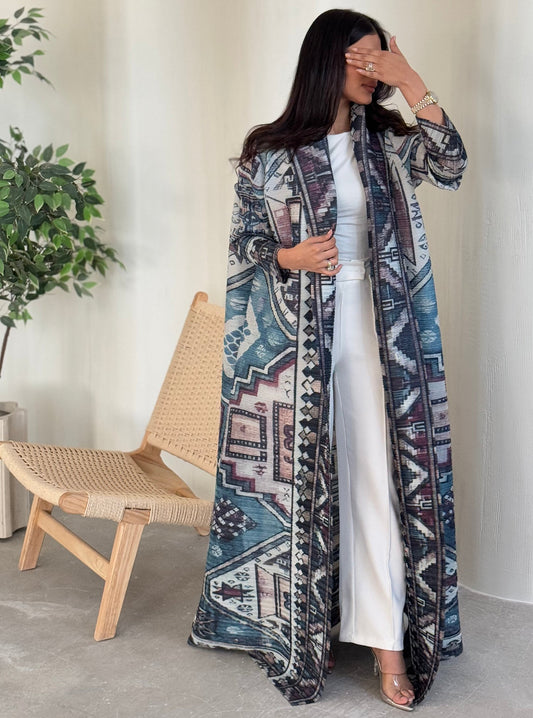 FAB132-Turquoise Pattern Pleats Abaya With Headscarf