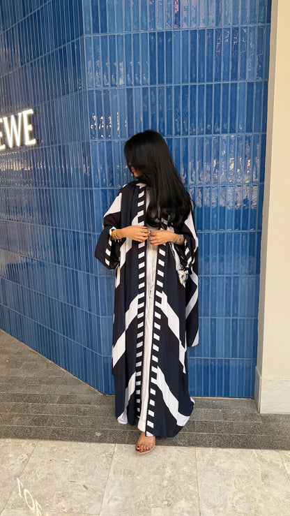 FAB303- Blue & Black Print Chiffon Silk A-Cut Abaya Set