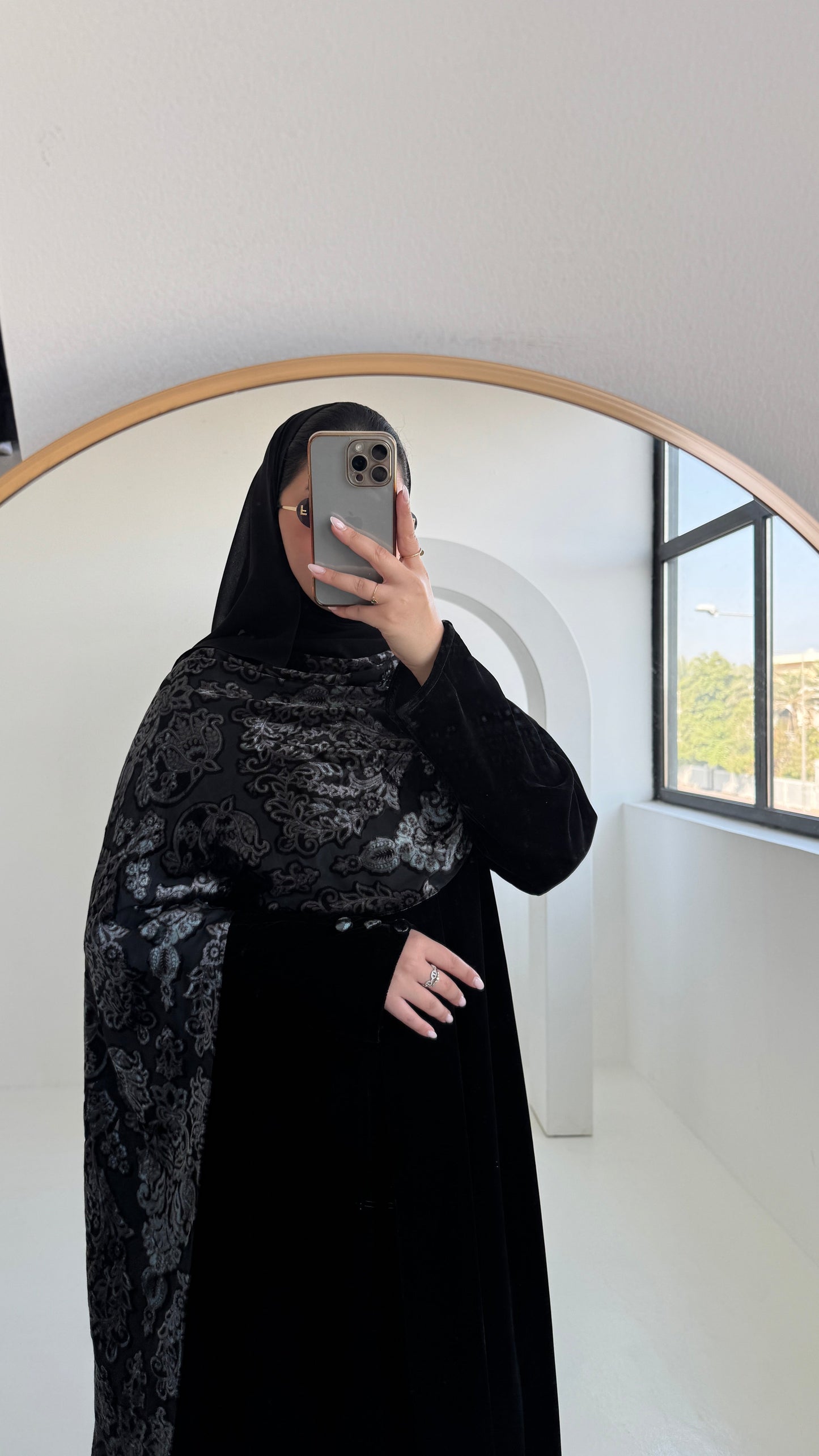 FAB230- Black Velvet Abaya with Grey Velvet Chiffon Shawl with matching headscarf