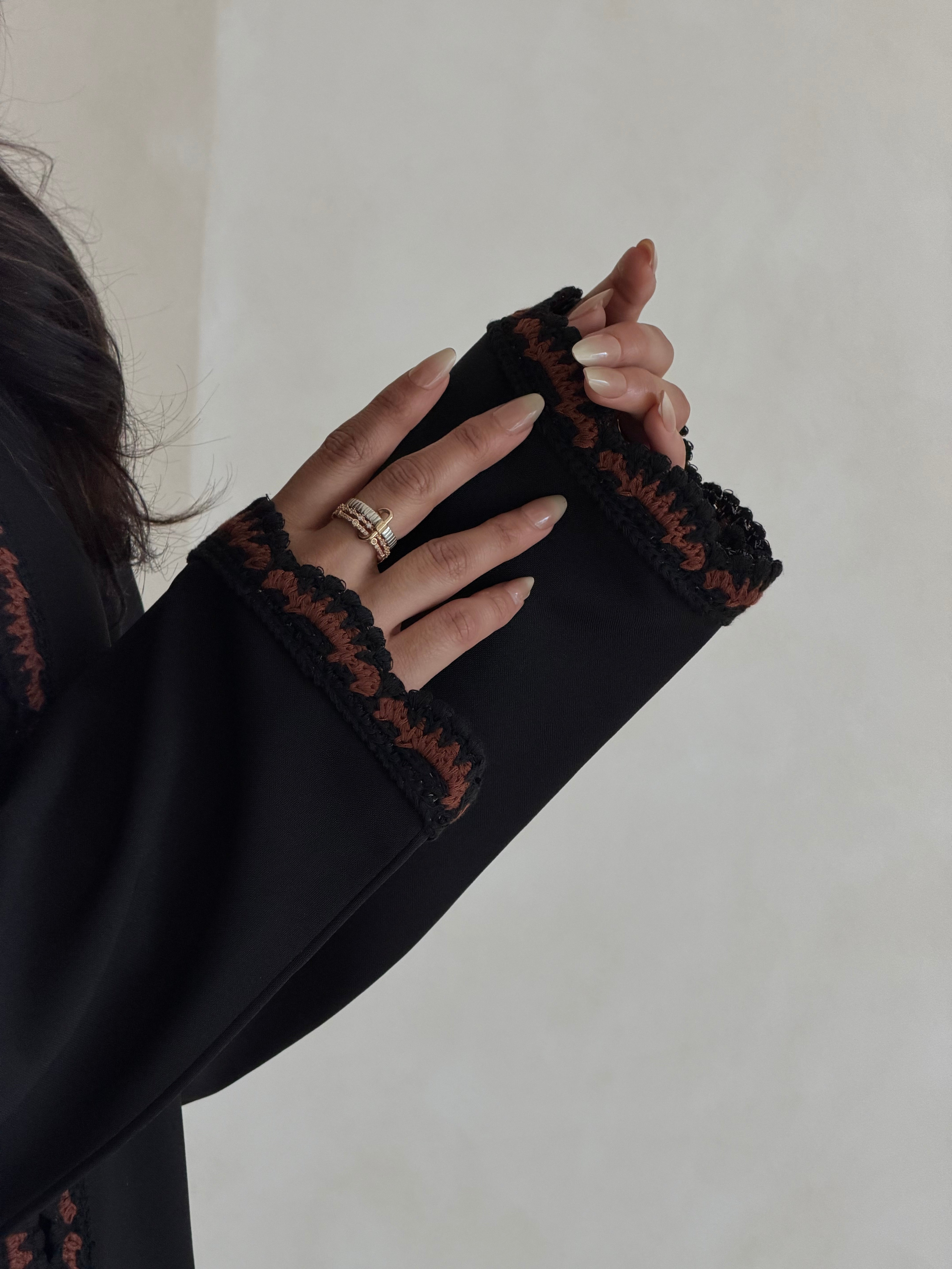 FAB349- Brown Crochet Black Crepe Klosh-Cut Abaya with Headscarf