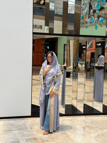 FAB322- Ghazal A-Cut Printed Abaya Set in Grey and Yellow color