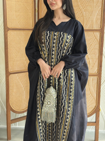FAB265- Navy free-size linen jalabiya with elegant gold embroidery