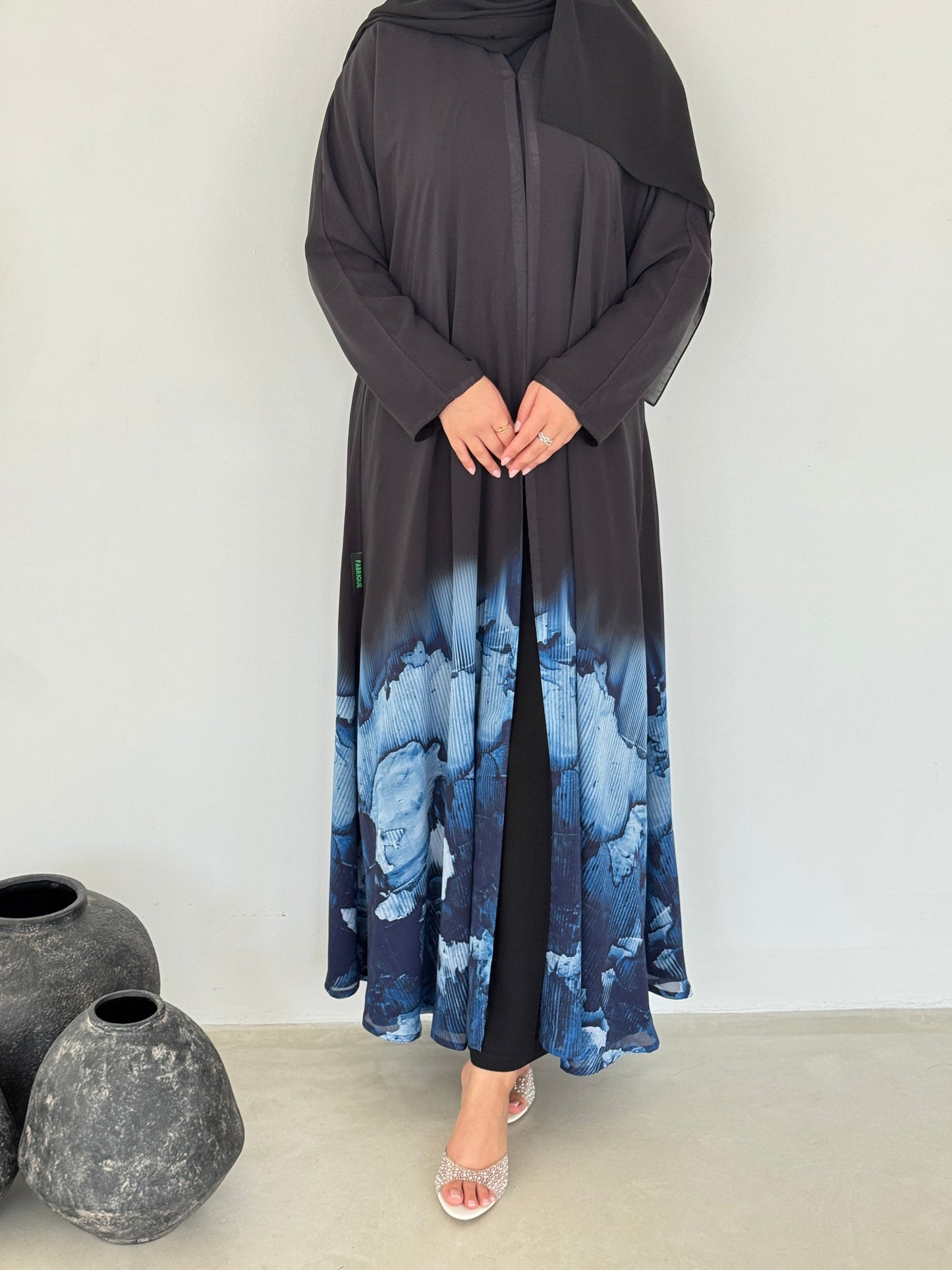 FAB211- Blue Ombre Waves print Shiffon A-cut Abaya with headscarf