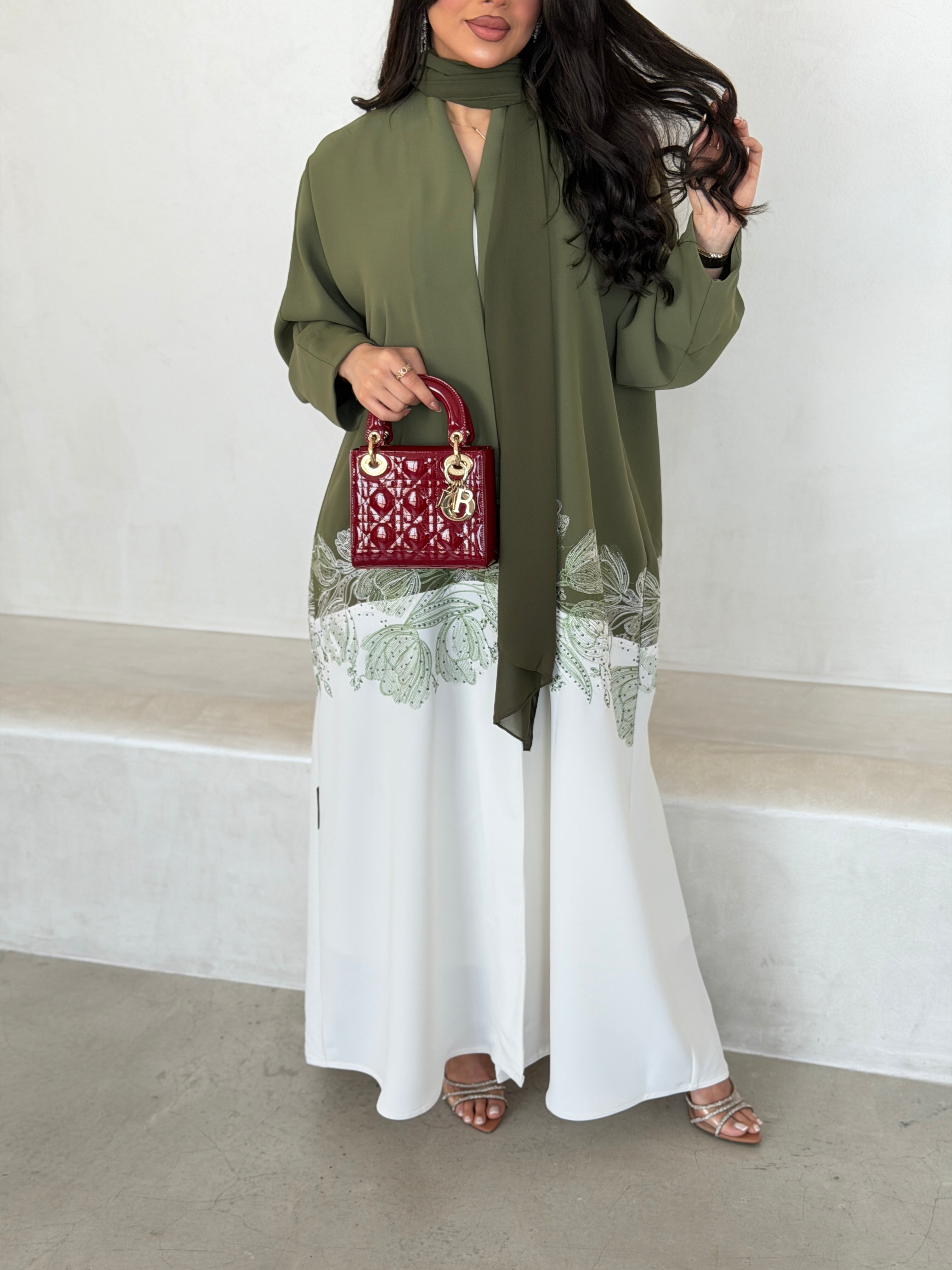 FAB294- Light Green & White Crepe Crystal Embroidered Abaya