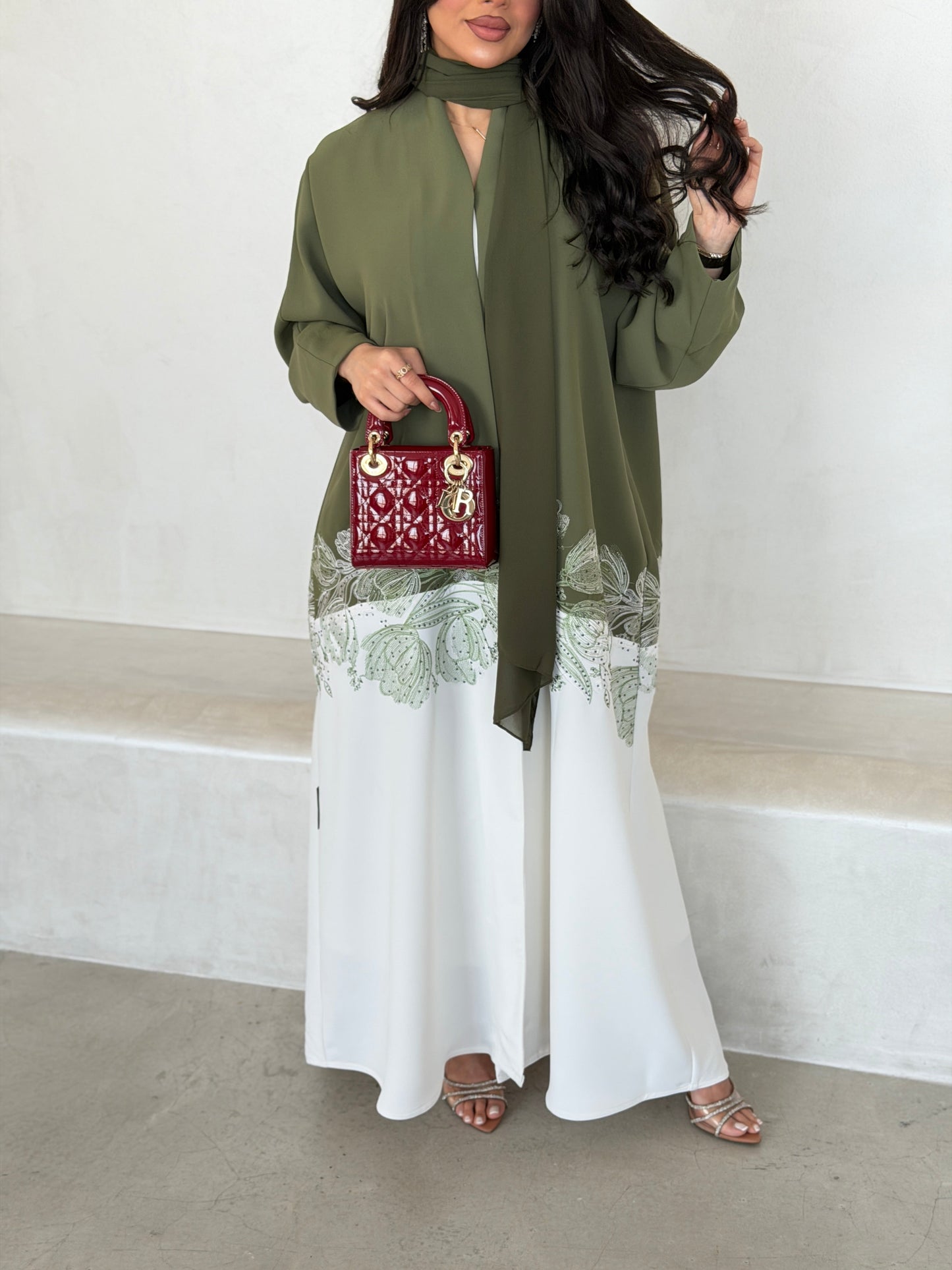 FAB294- Light Green & White Crepe Crystal Embroidered Abaya