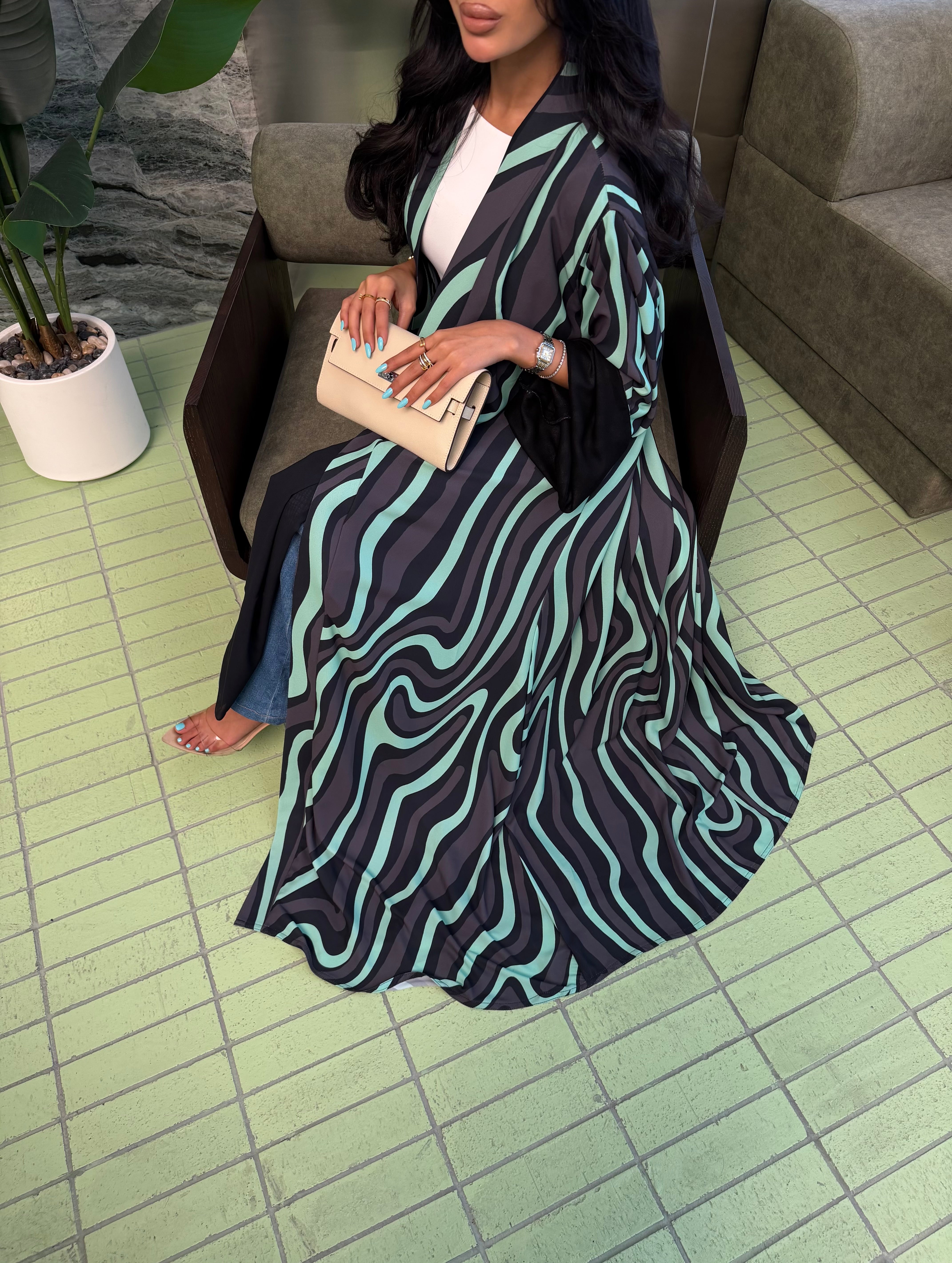 FAB323-Tiffany & Black Printed Abaya and Headscarf – Straight Cut