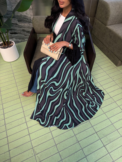 FAB323-Tiffany & Black Printed Abaya and Headscarf – Straight Cut