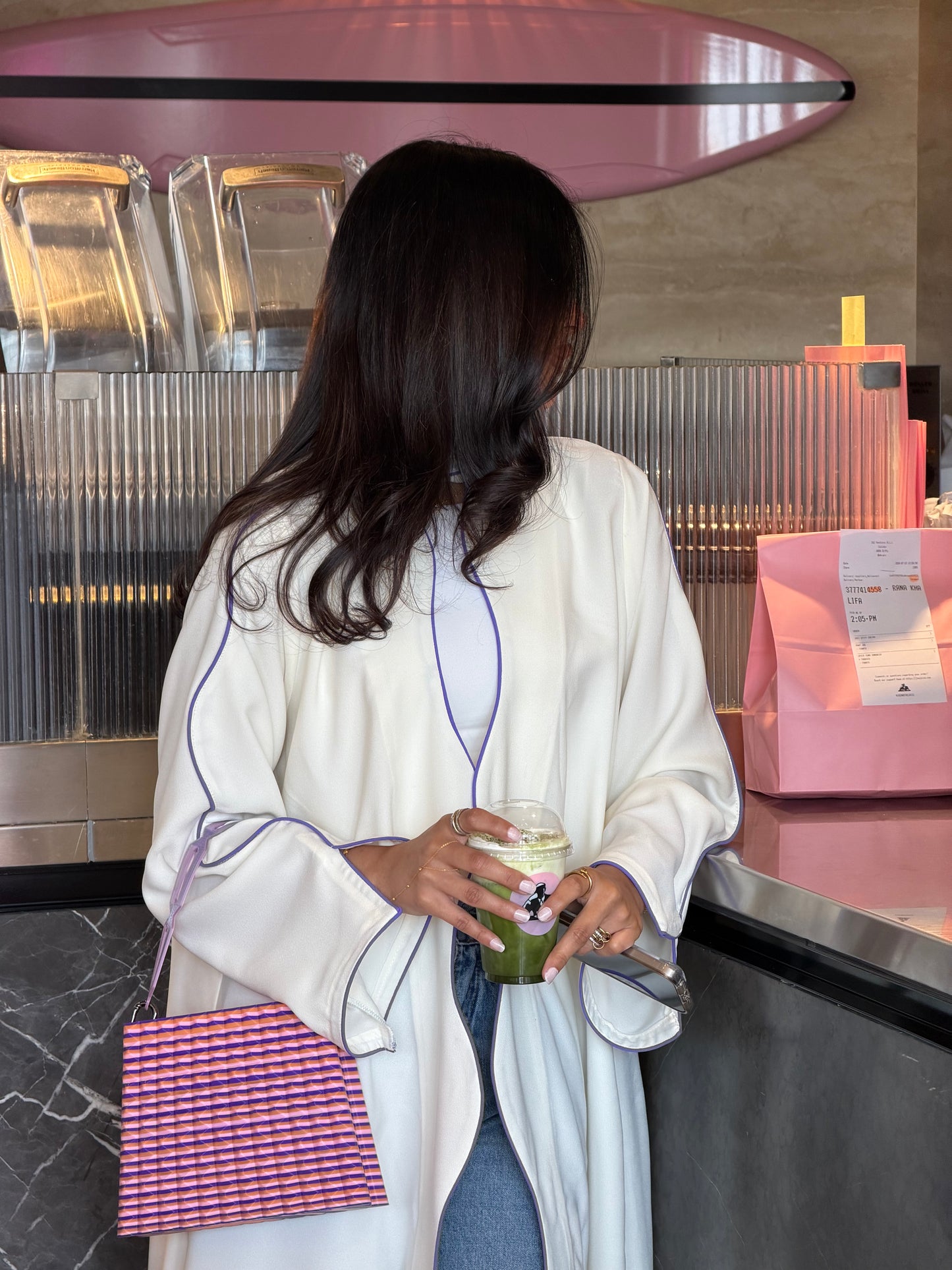 FAB317- White crepe swirl-cut abaya with purple piping abaya and headscarf
