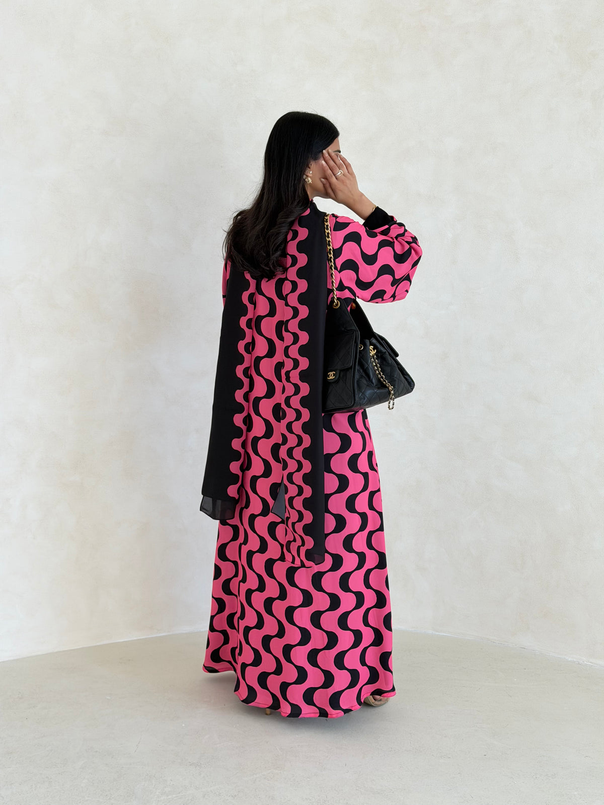 FAB342-Barbie Pink and Black Waves Printed Straight-Cut Abaya and matching headscarf