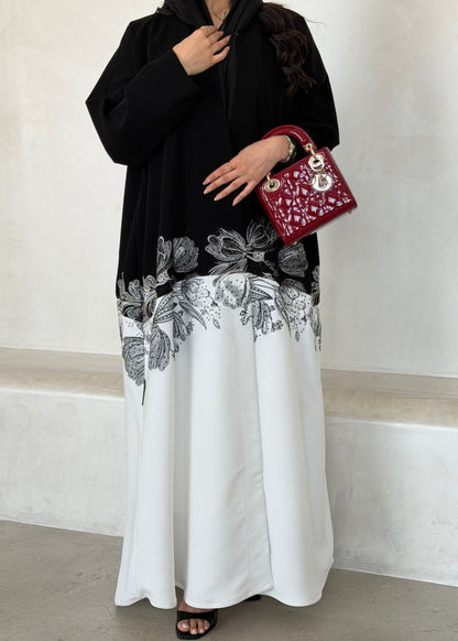 FAB292- Black & White Crepe Crystal Embroidered Abaya