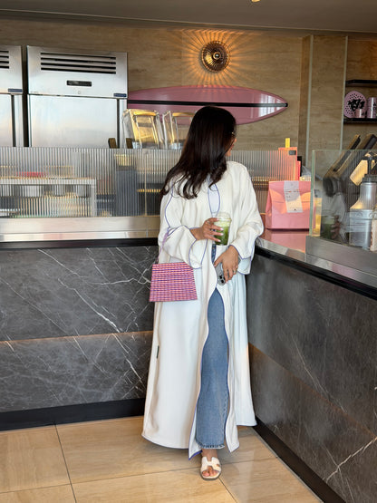 FAB317- White crepe swirl-cut abaya with purple piping abaya and headscarf