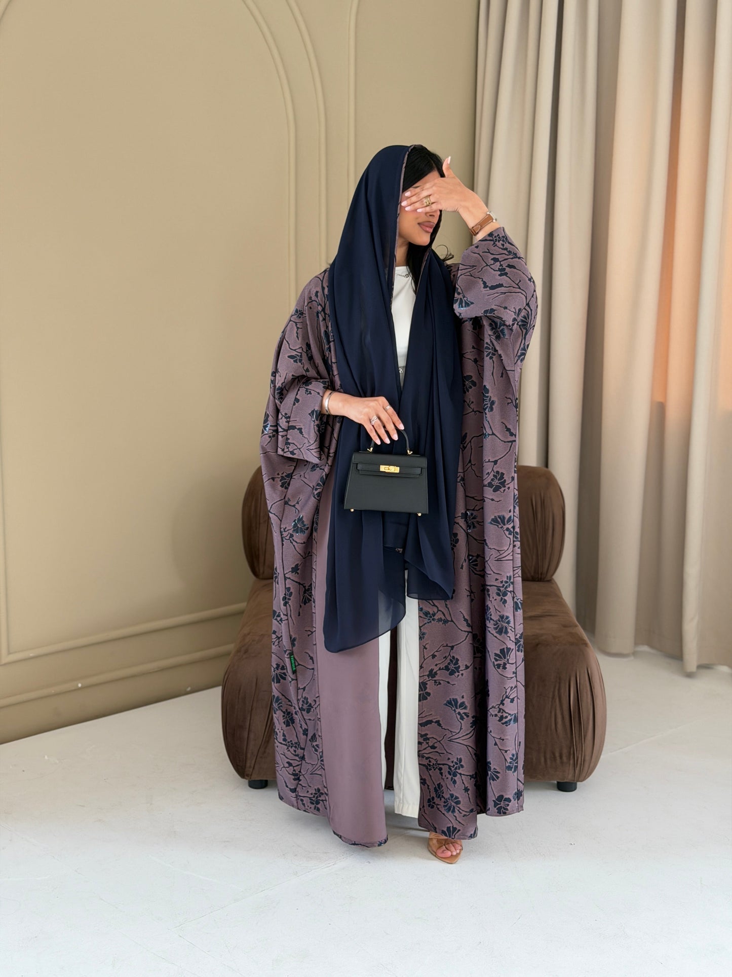 FAB284-Purple Floral Print Half Bisbt Abaya with pipping headscarf