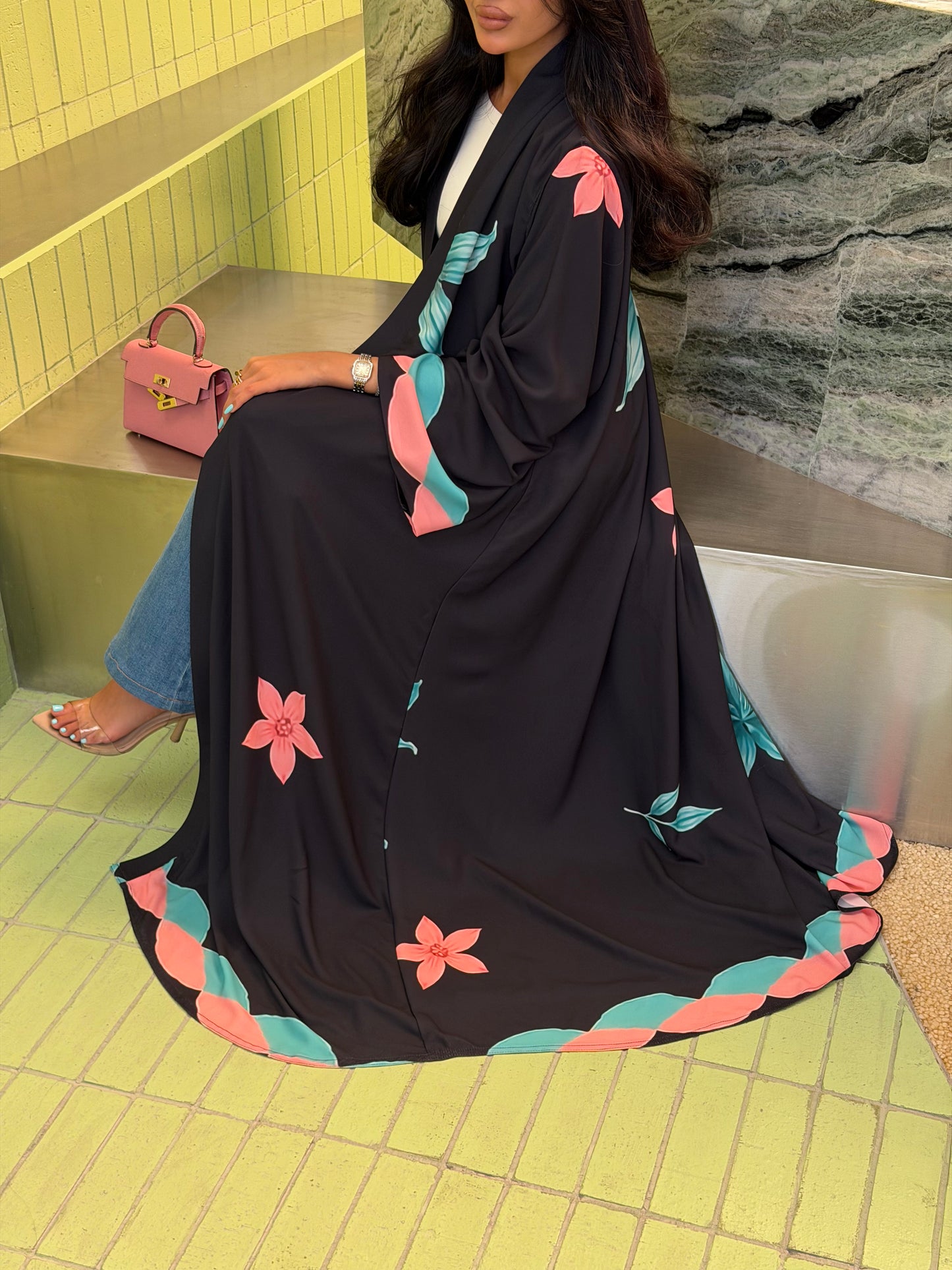 FAB324-Black Pink and Green Floral Print abaya and headscarf- Straight Cut