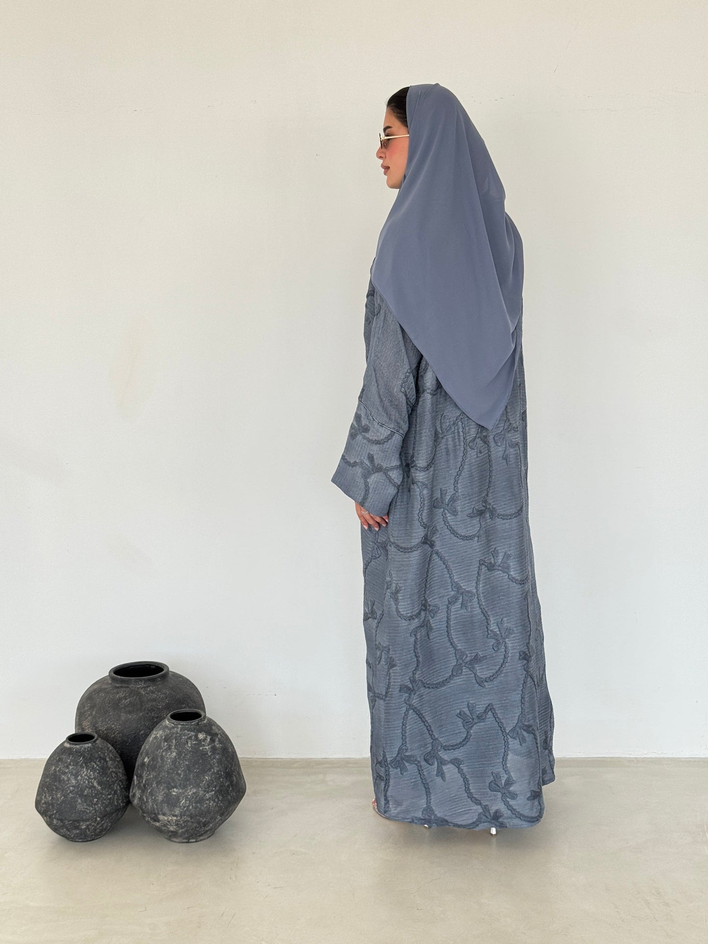 FAB218- Blue Ribbon Embroidery Linen Abaya with headscarf