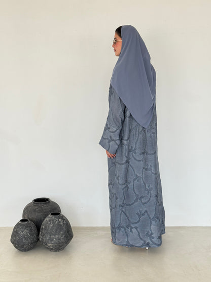 FAB218- Blue Ribbon Embroidery Linen Abaya with headscarf