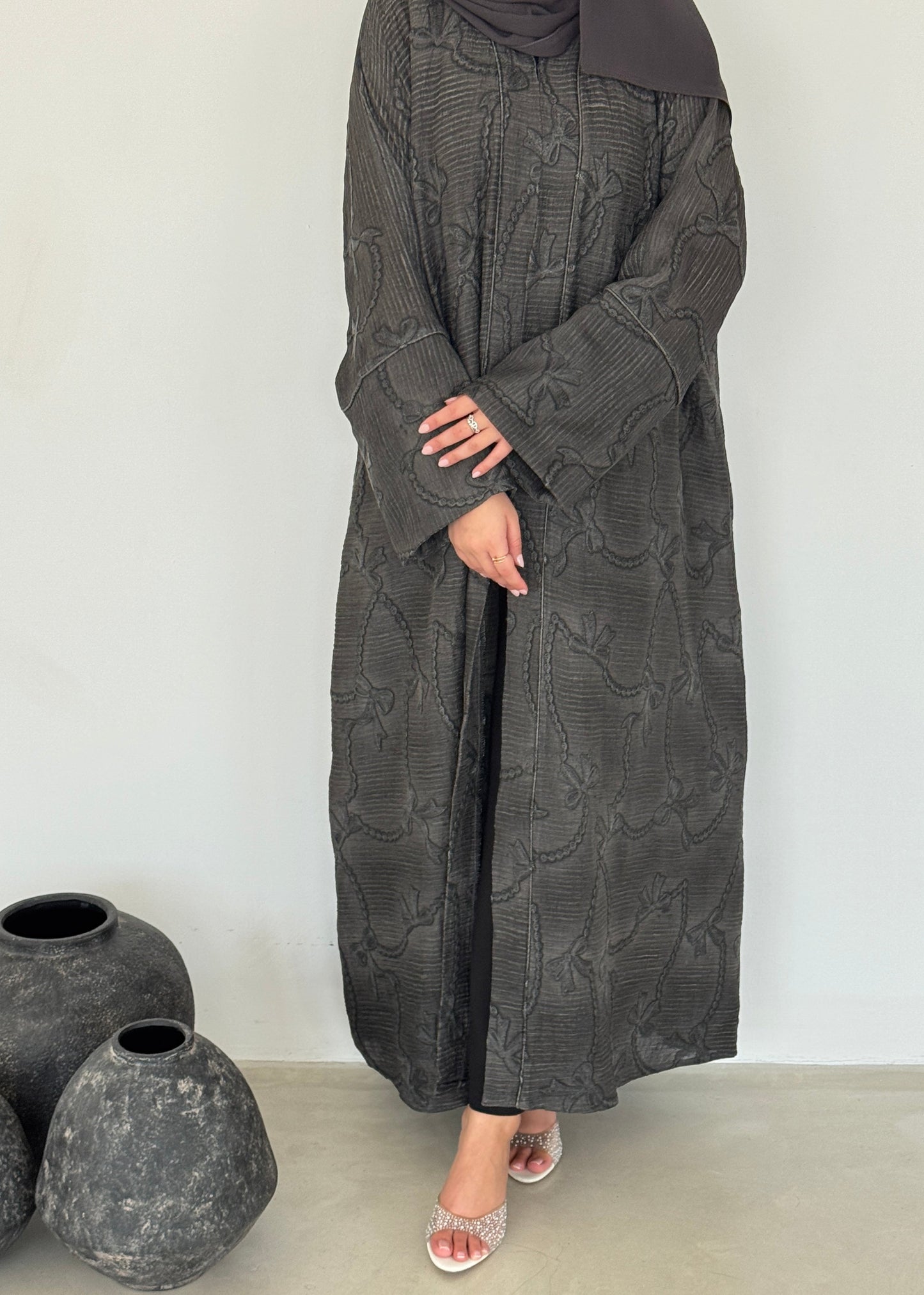 FAB220-Black Grey Ribbon Embroidery Linen Abaya with headscarf