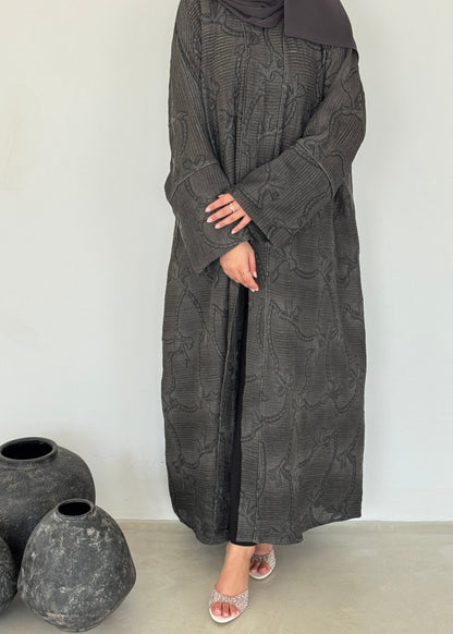 FAB220-Black Grey Ribbon Embroidery Linen Abaya with headscarf