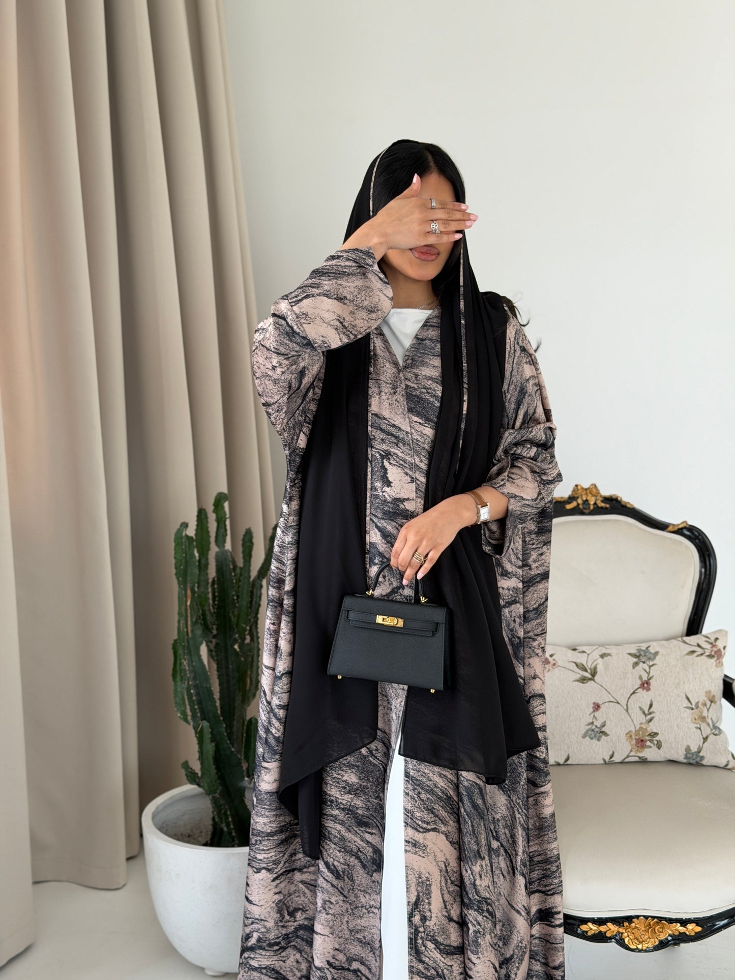 FAB286- Beige Marble Print- Crepe A-Cut Abaya with pipping headscarf