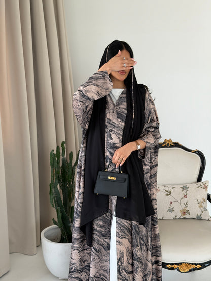 FAB286- Beige Marble Print- Crepe A-Cut Abaya with pipping headscarf