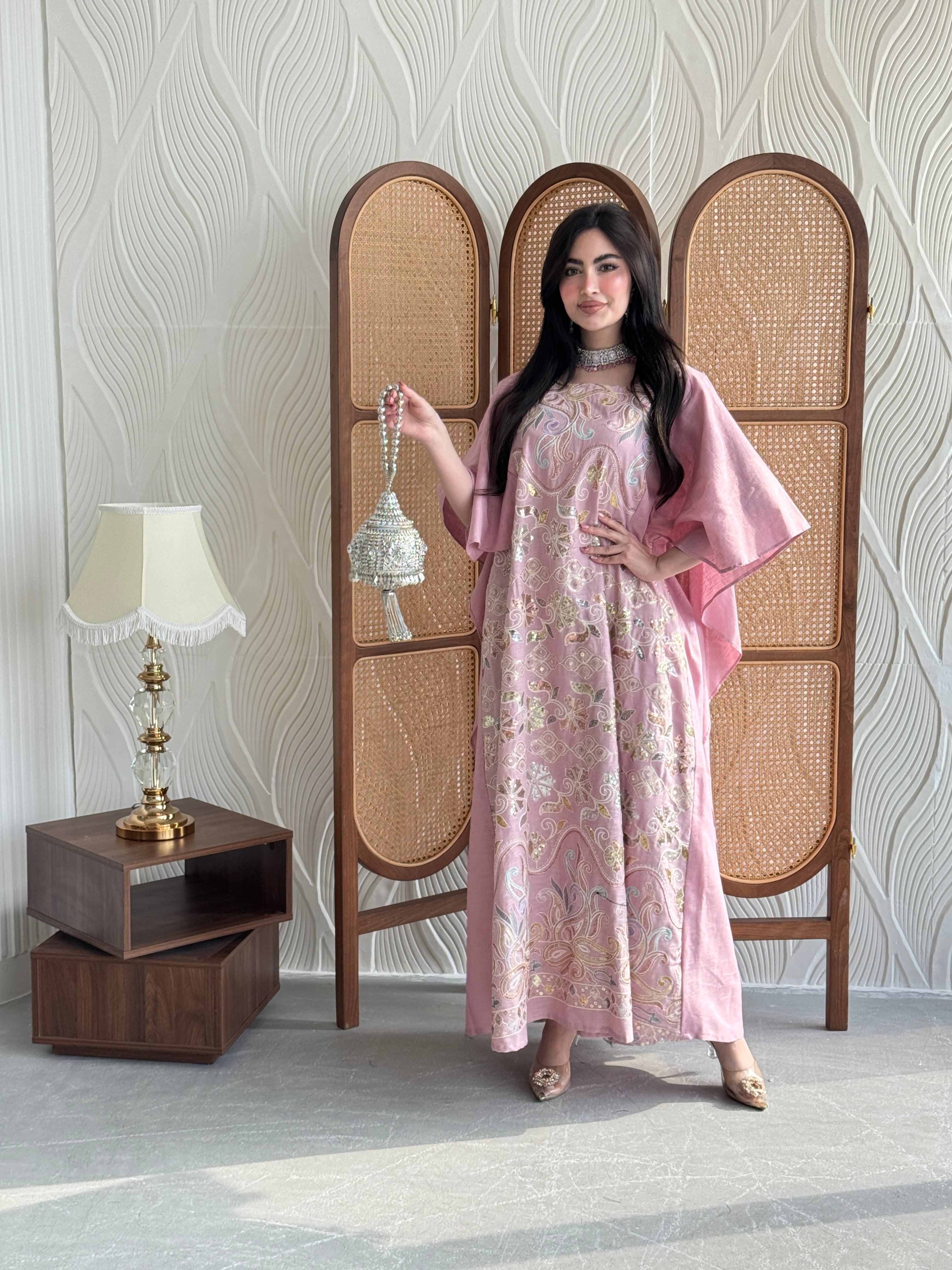 FAB270- Pink Elegant linen jalabiya with multicolor embroidery and a flowing cape cut