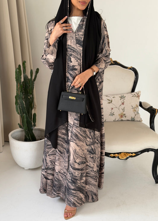 FAB286- Beige Marble Print- Crepe A-Cut Abaya with pipping headscarf