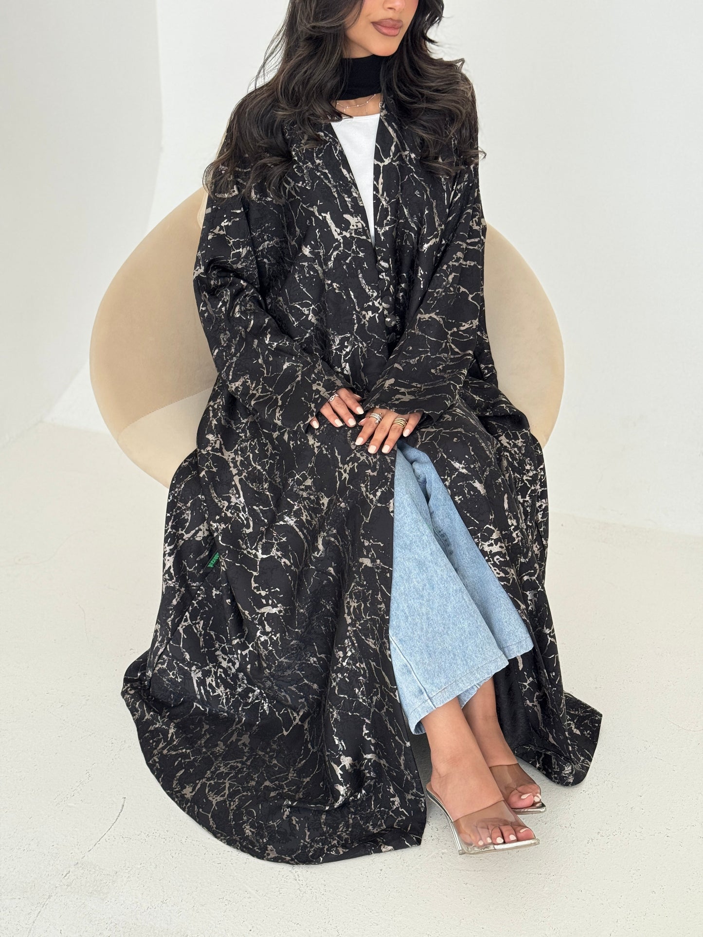 FAB206-Elegant Black Metallic Crepe Silk A-Cut Abaya with headscarf