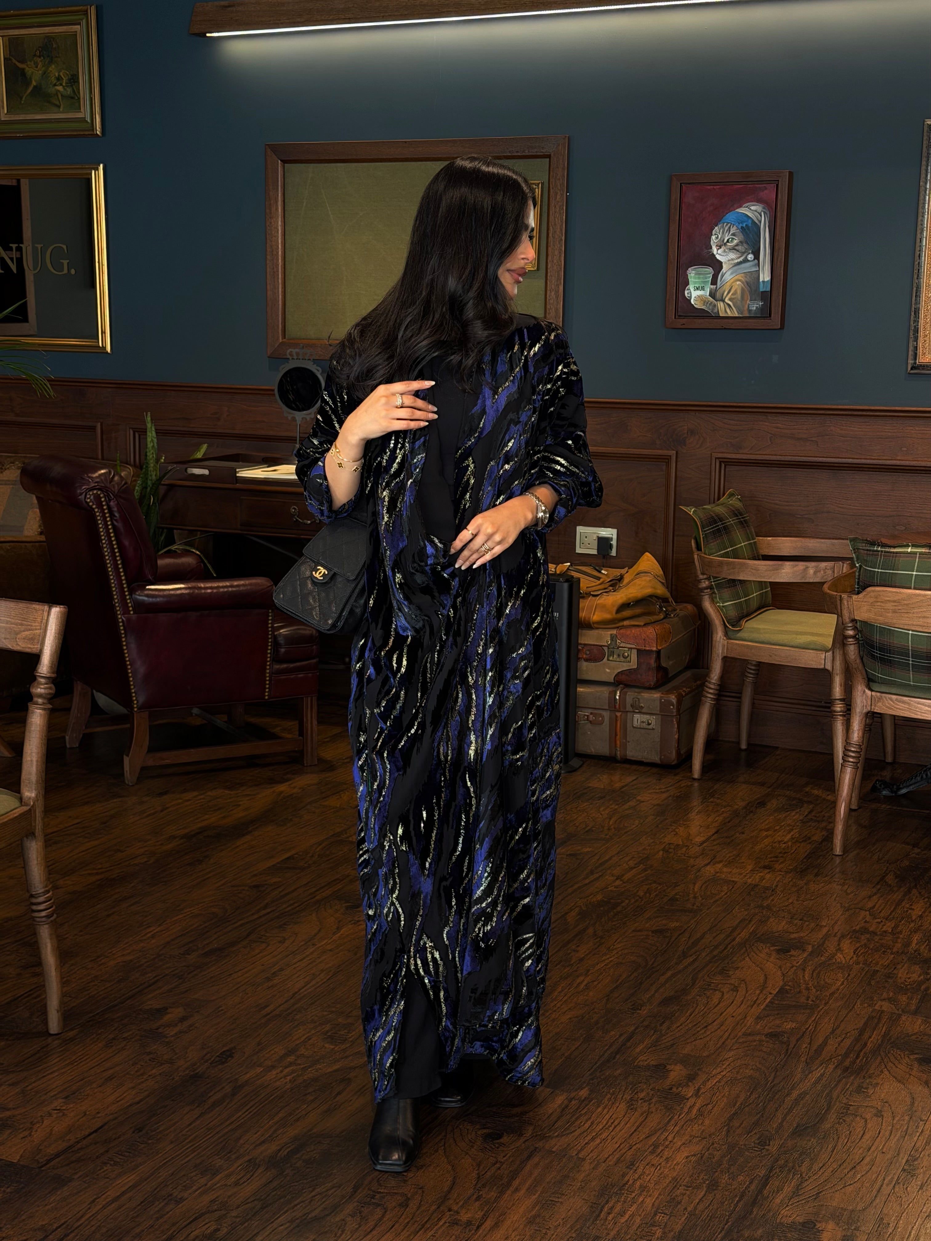 FAB352-Blue and Black Chiffon Half Bisht-Cut Abaya with Velvet Shimmer Print and Black Headscarf