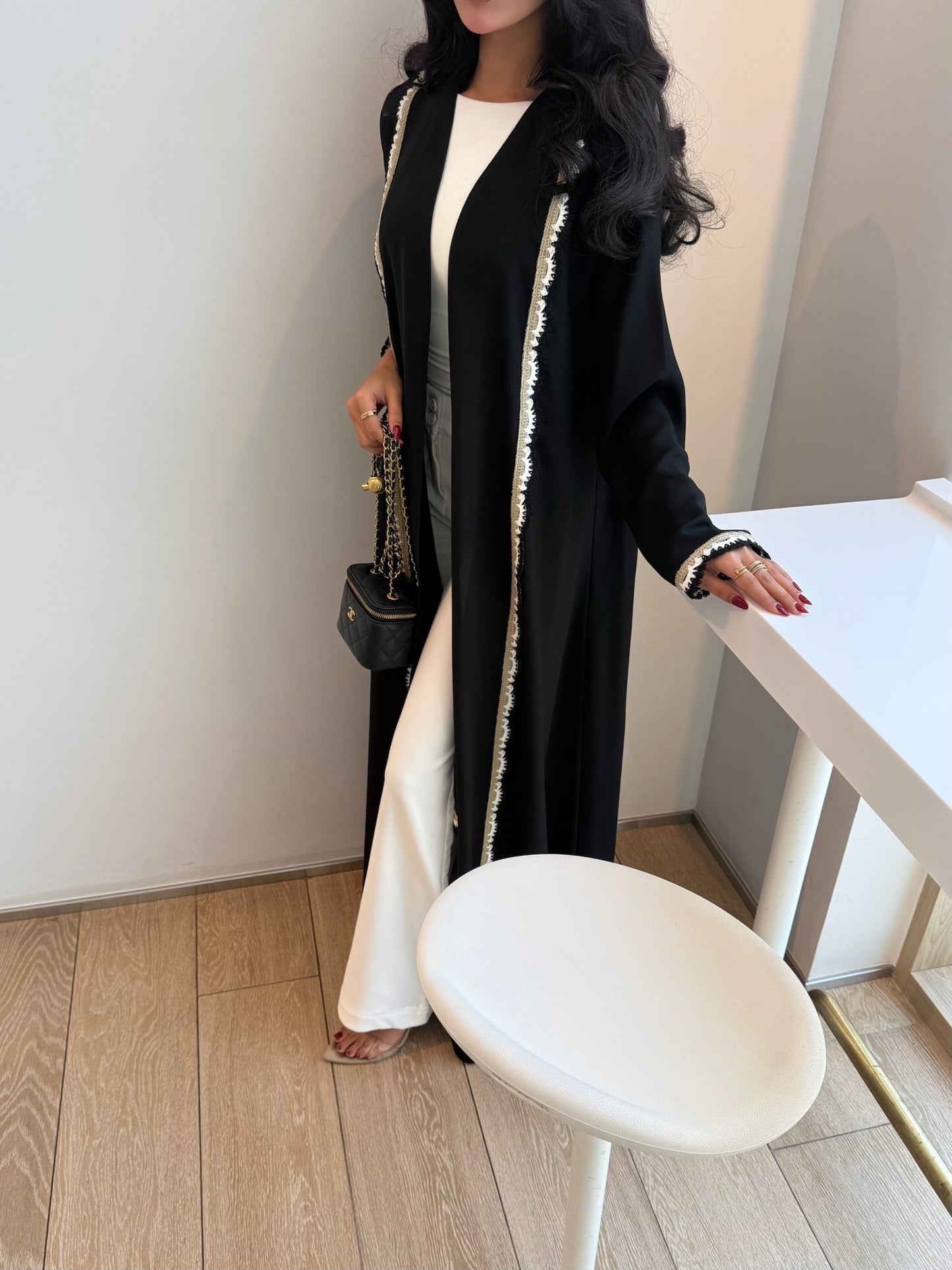FAB326- Beige Black Crochet Crepe A-Cut Abaya with matching headscarf