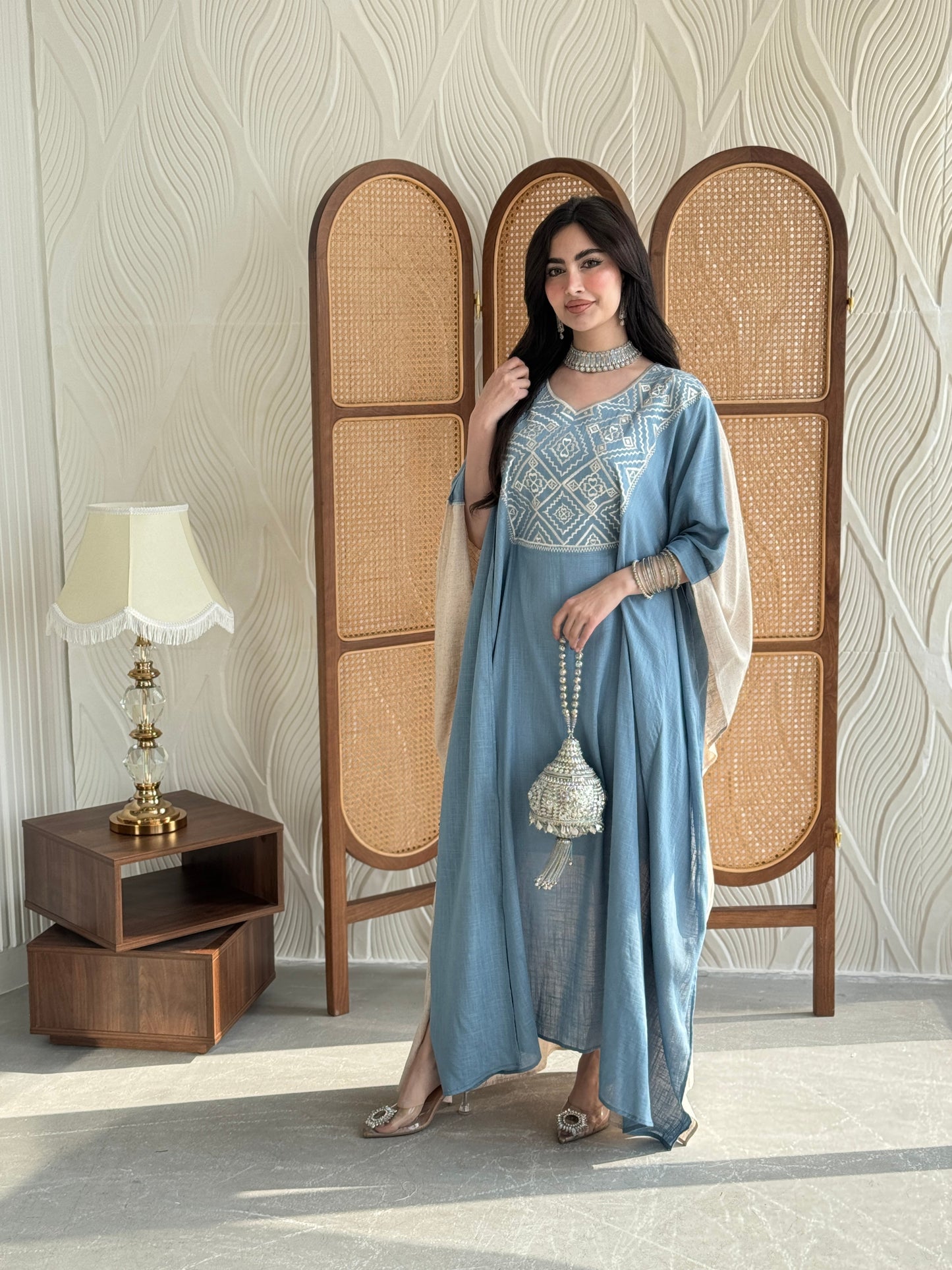 FAB252- Blue Beige Two-sided embroidered Linen butterfly cut jalabiya
