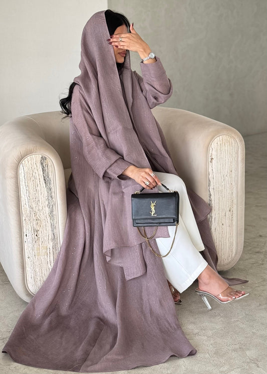 FAB167-Pink Glitter Linen A-Cut Abaya Set