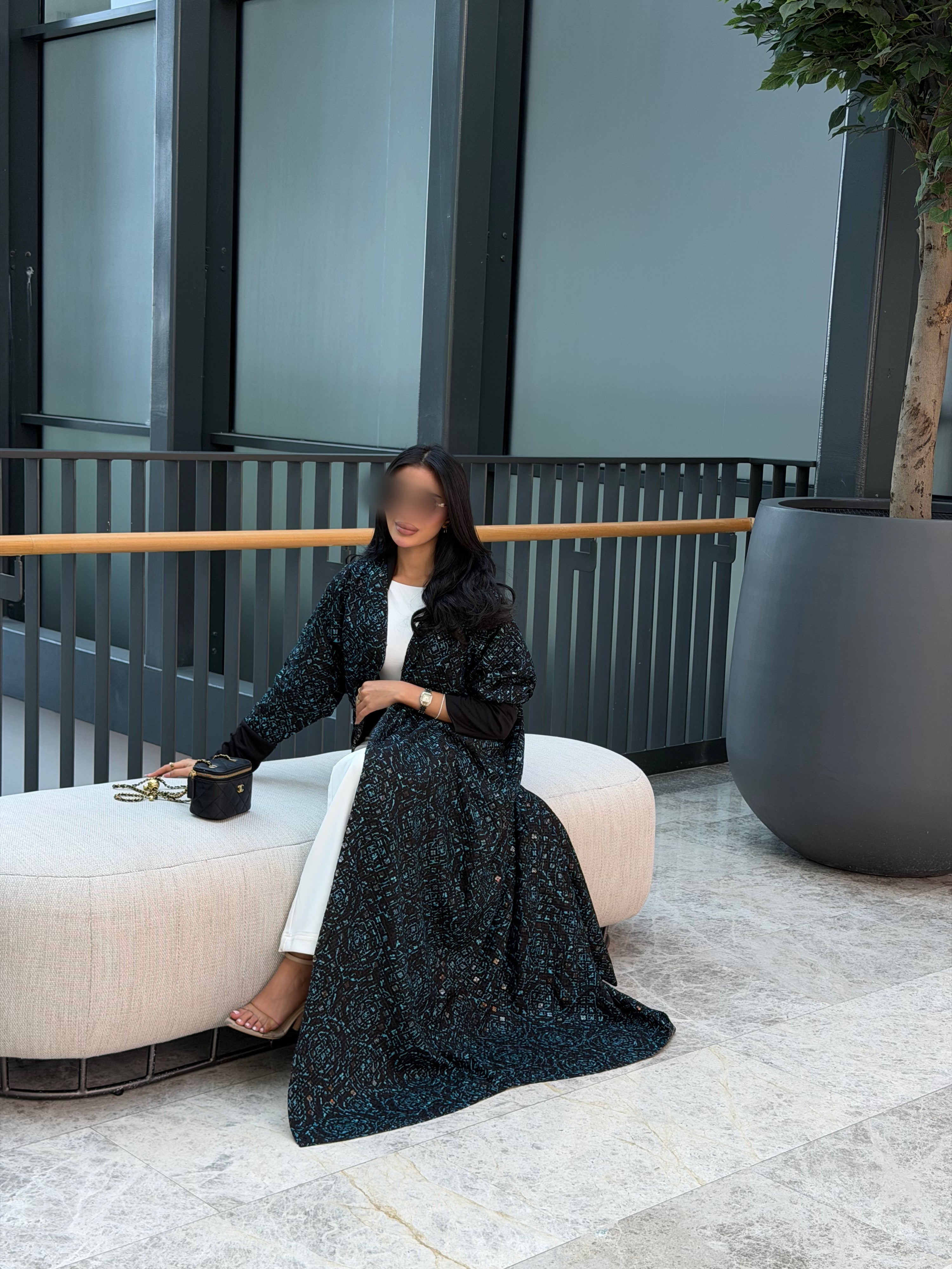 FAB341-Black Green Embroidery Half-Bisht Cut Abaya with Fitted Black Stretch Sleeves and matching headscarf