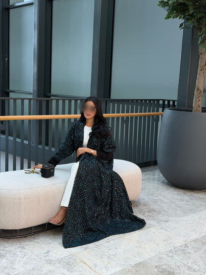 FAB341-Black Green Embroidery Half-Bisht Cut Abaya with Fitted Black Stretch Sleeves and matching headscarf