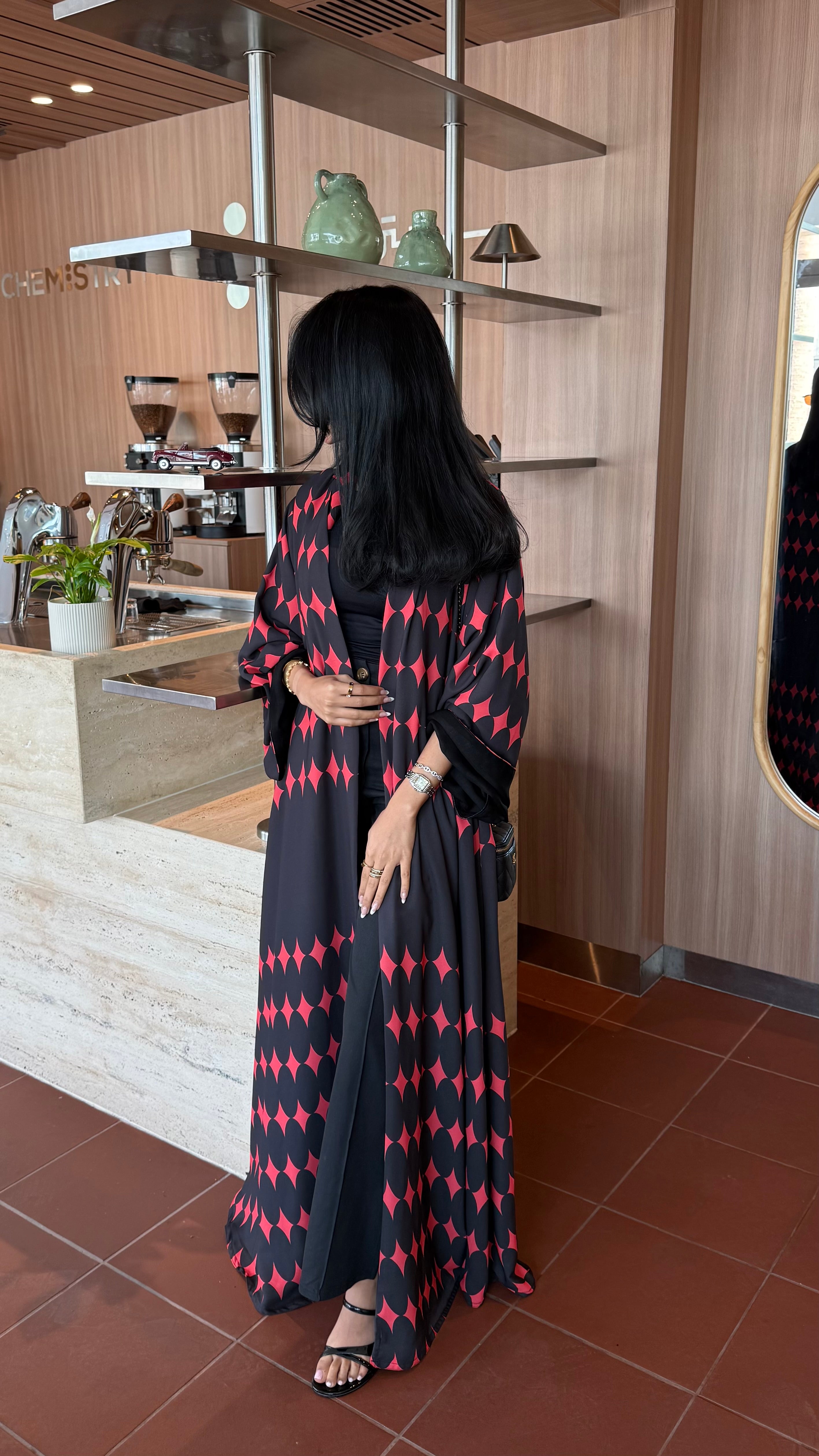 FAB335-Red & Black Diamond Print Straight-Cut Abaya with Matching Headscarf