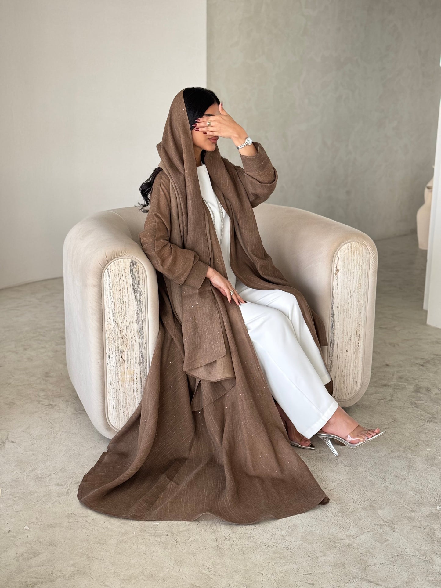 FAB170- Camel Linen Glitter A-Cut Abaya Set
