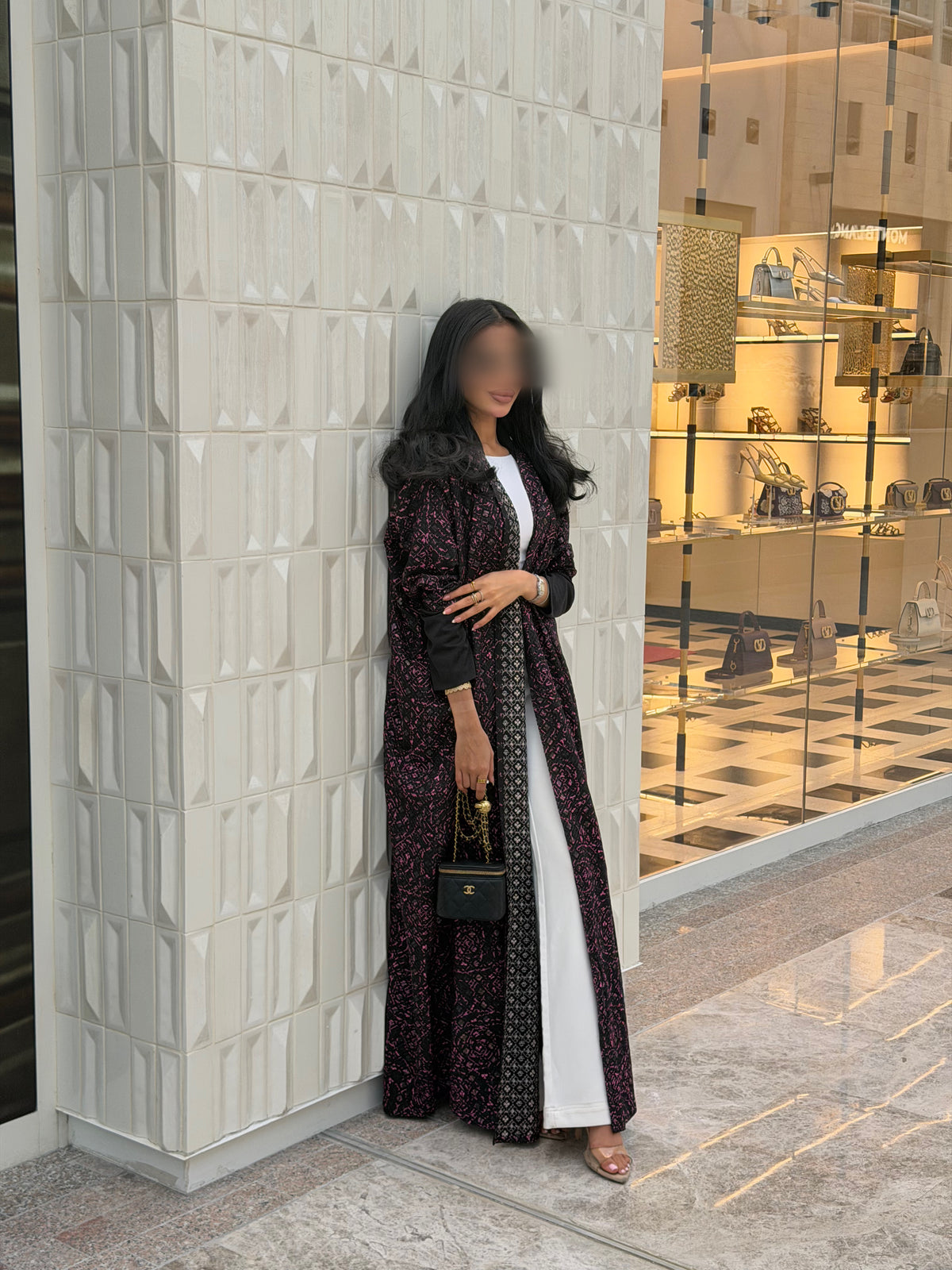 FAB339-Black Pink Embroidery Half-Bisht Cut Abaya with Fitted Black Stretch Sleeves
and matching headscarf